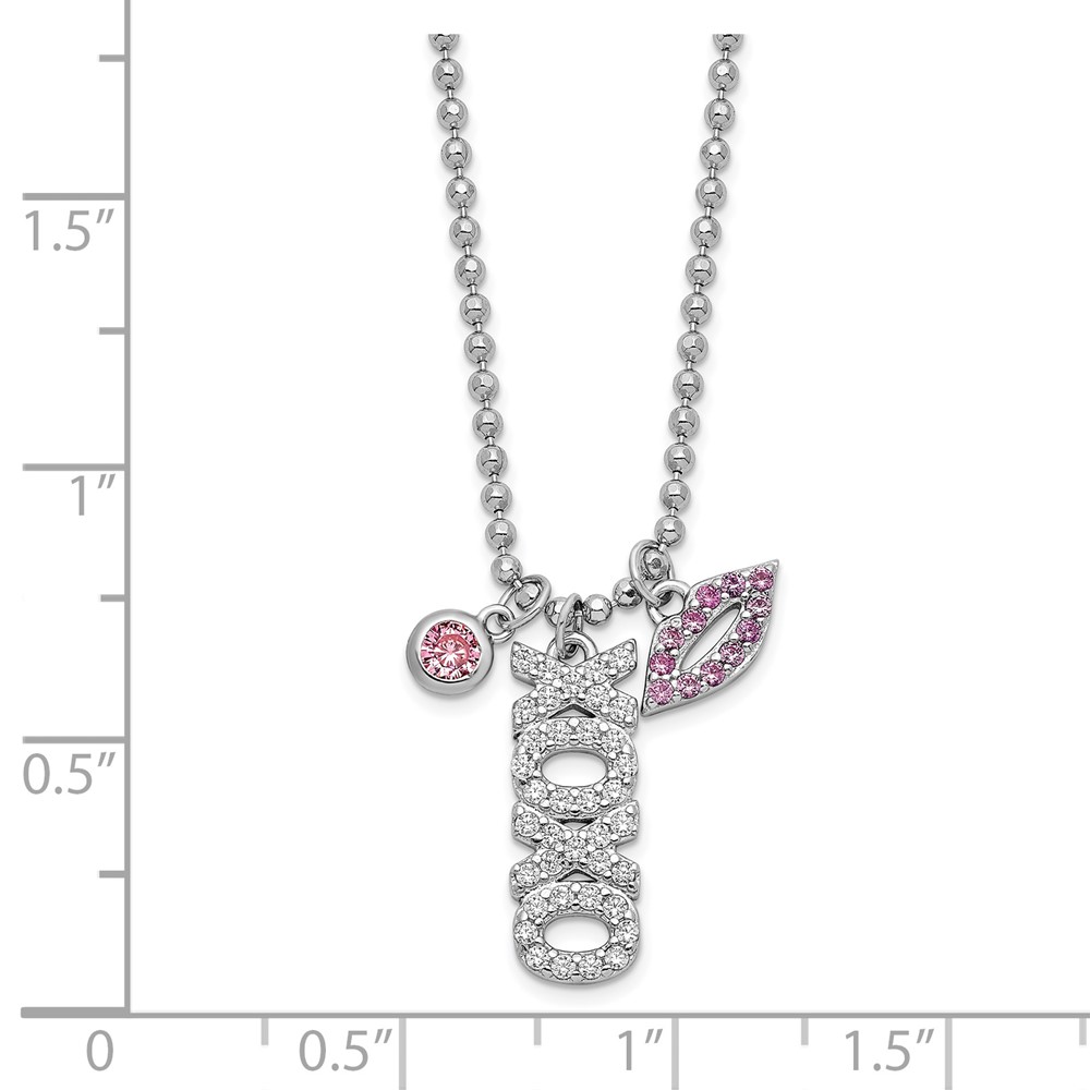 Sterling Silver Rhodium-plated CZ XOXO and Lips D/C Bead Chain Necklace (QG6095-18)