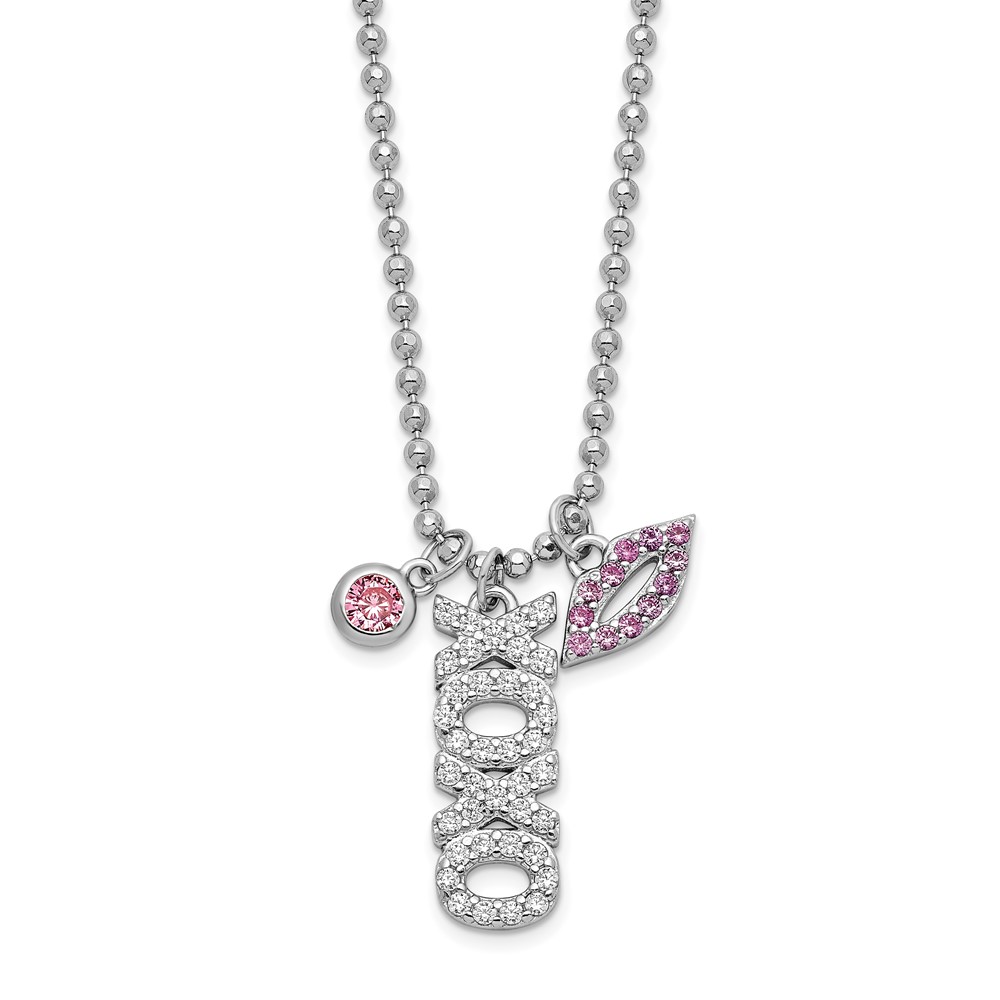 Sterling Silver Rhodium-plated CZ XOXO and Lips D/C Bead Chain Necklace (QG6095-18)