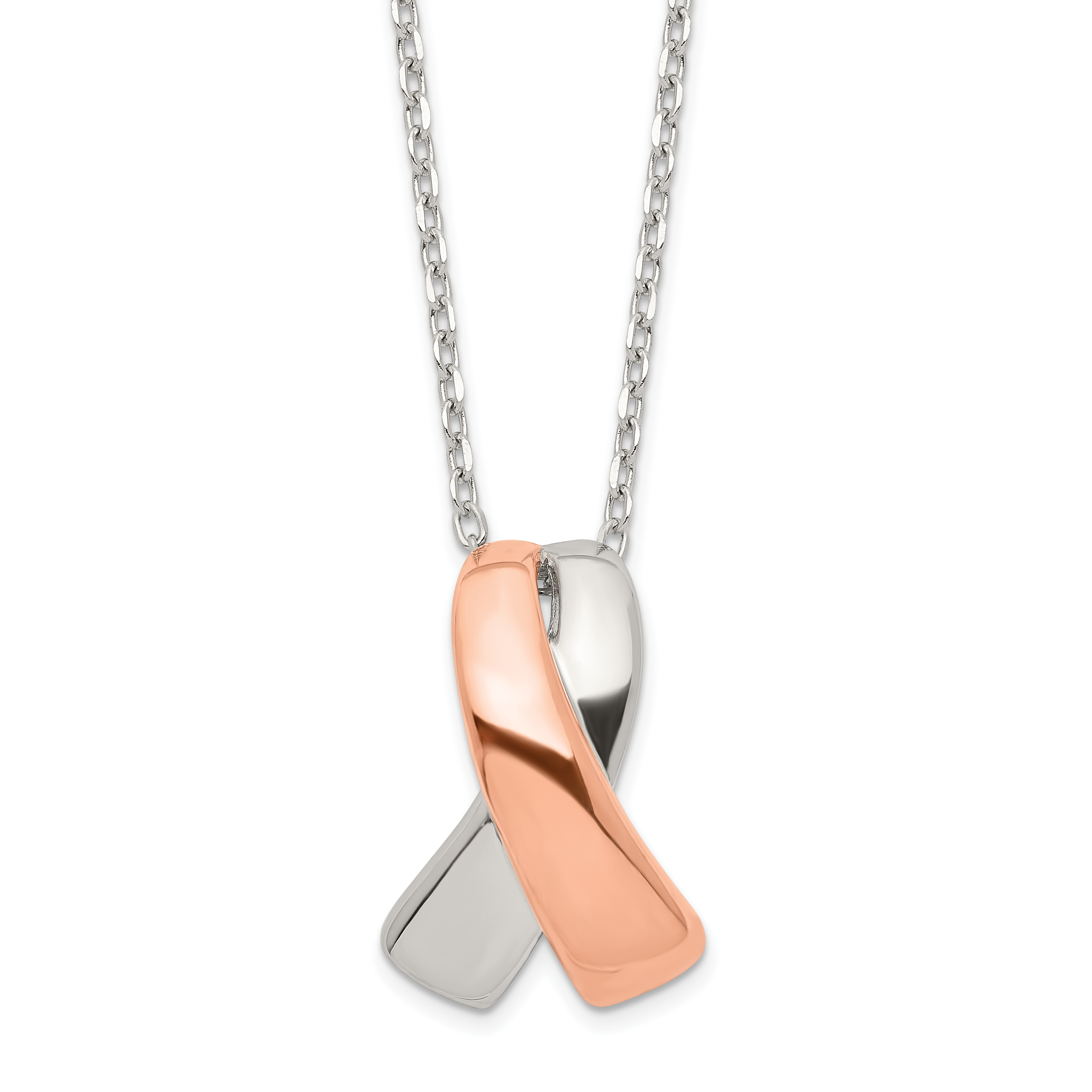 Sterling Silver Rose-tone Polished Awareness Ribbon w/2in ext. Necklace (QG6106-16)