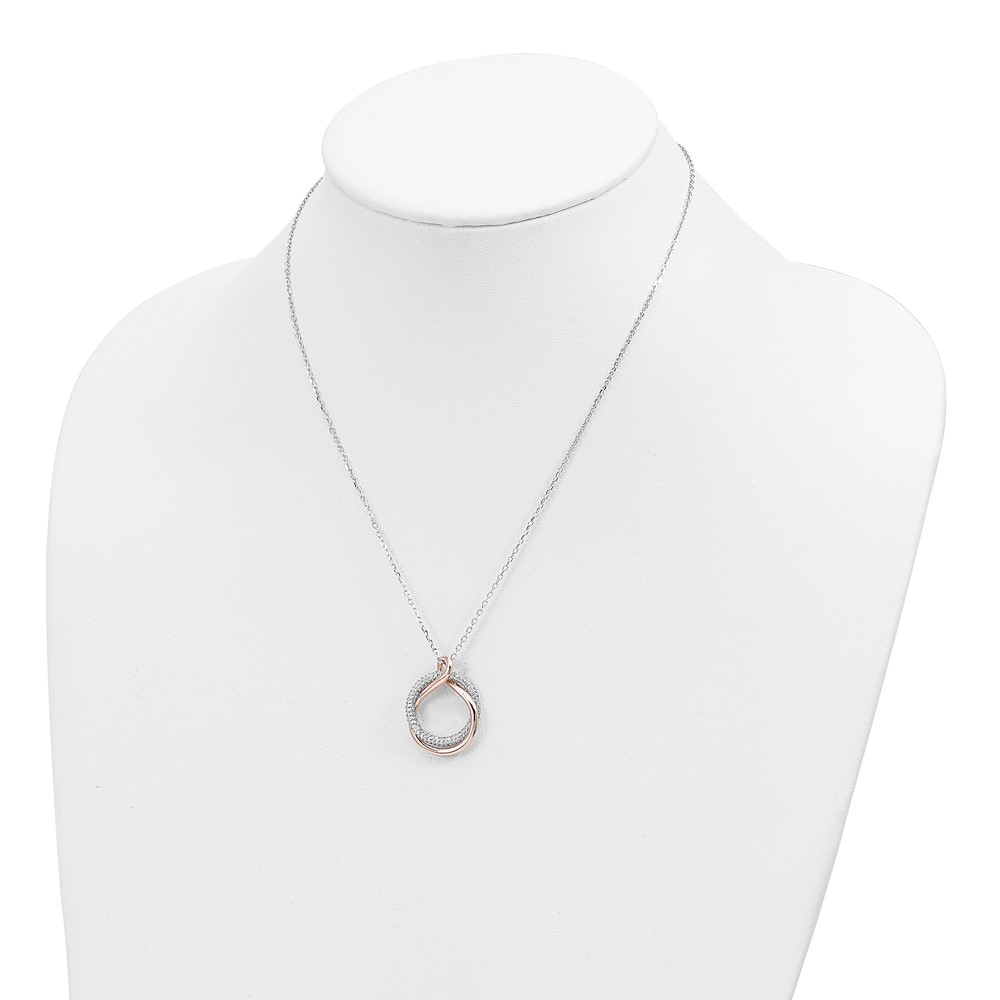Sterling Silver Rose-tone Polished Pave CZ Twist w/2 in ext. Necklace (QG6109-15.5)