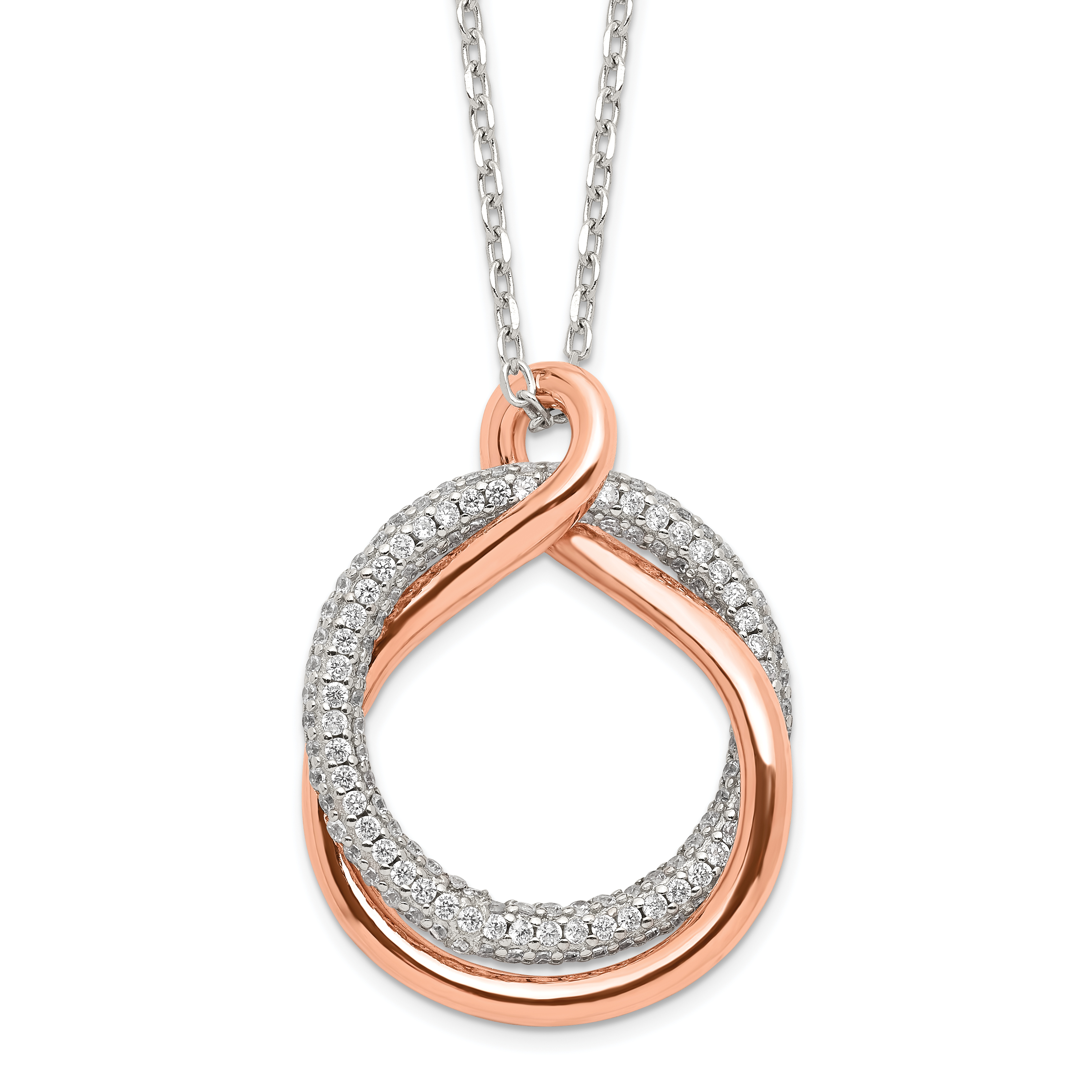 Sterling Silver Rose-tone Polished Pave CZ Twist w/2 in ext. Necklace (QG6109-15.5)