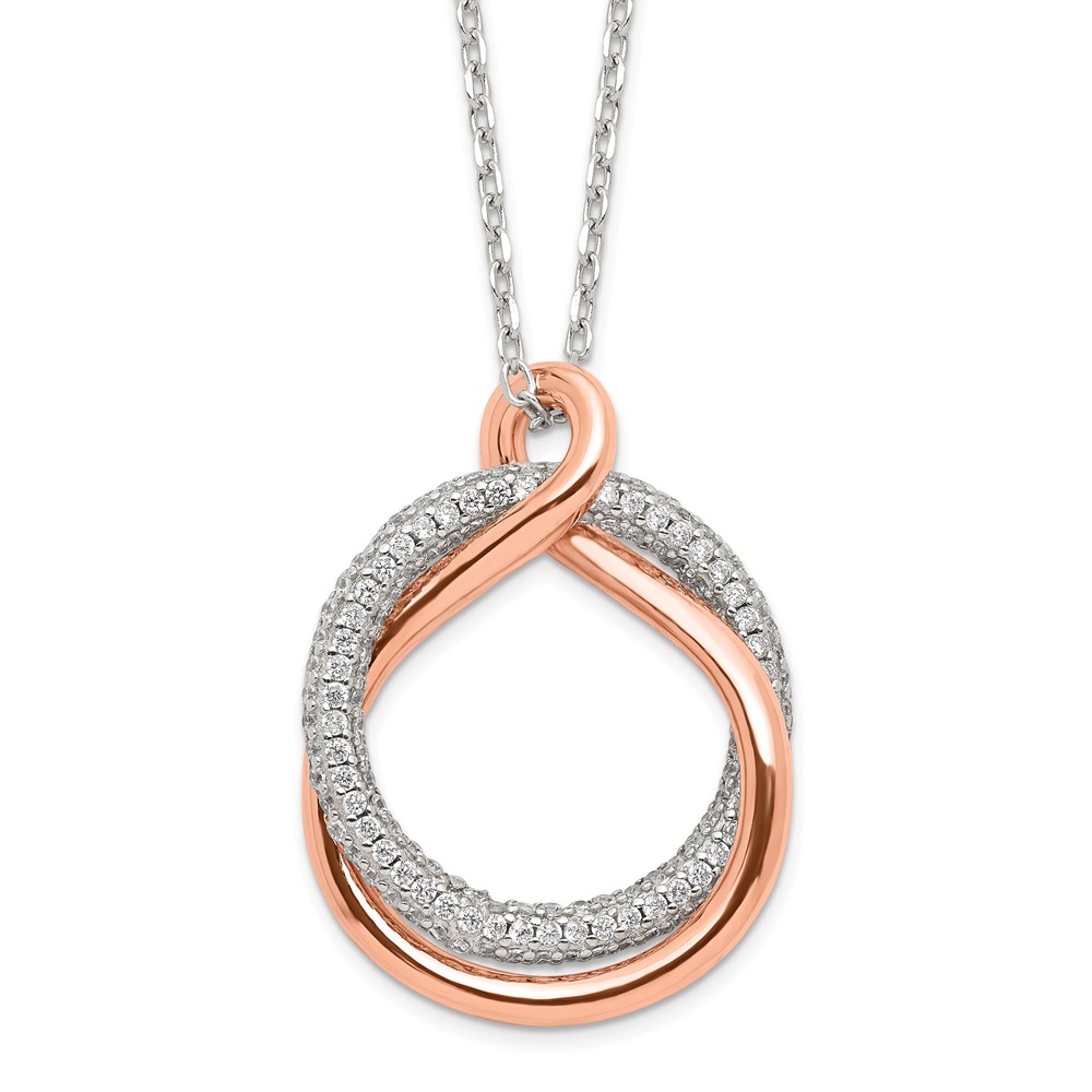 Sterling Silver Rose-tone Polished Pave CZ Twist w/2 in ext. Necklace (QG6109-15.5)