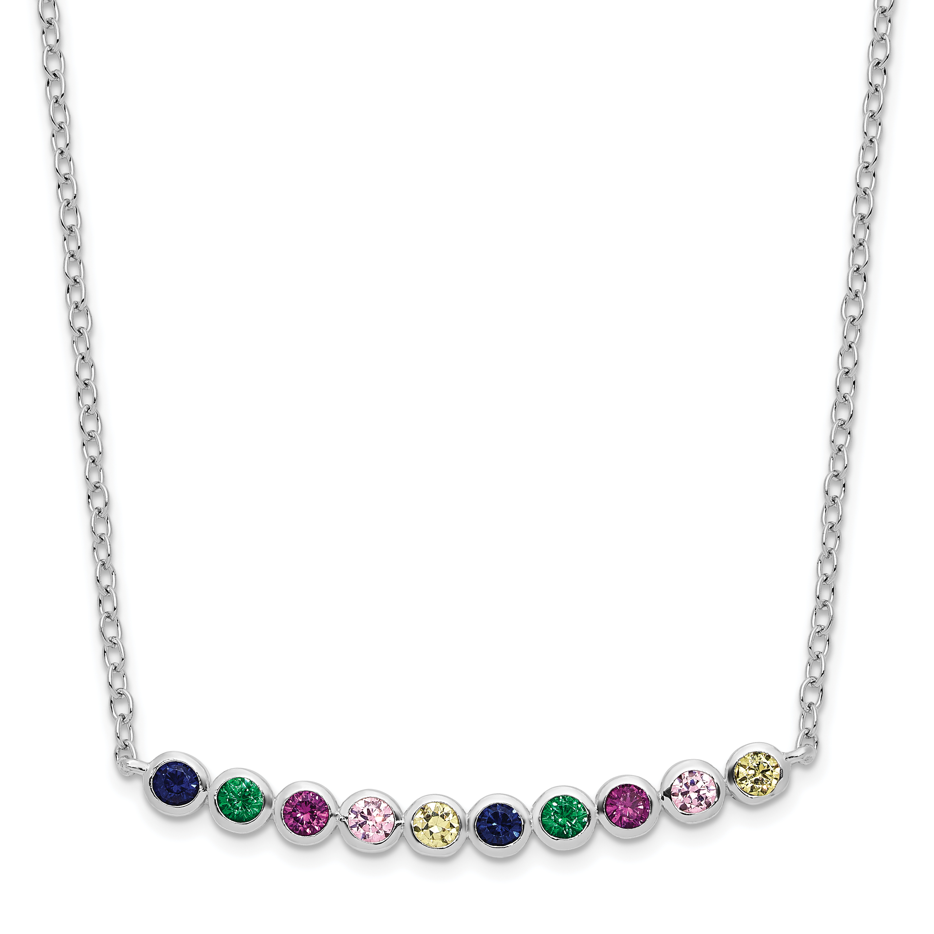 Sterling Silver Rhodium-plated Polished Multi-color CZ Bar Necklace (QG6110-18)