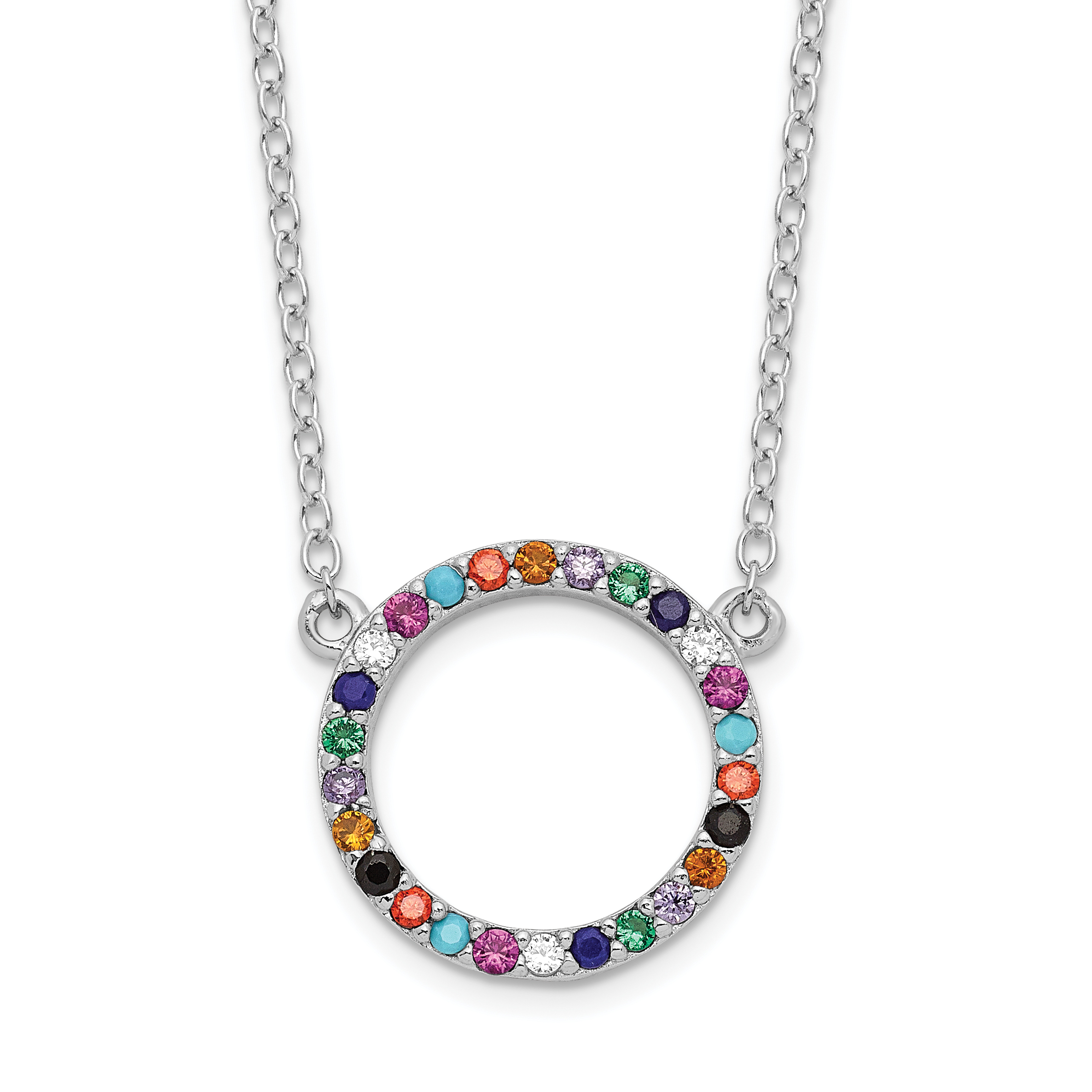 Sterling Silver Rhodium-plated Polished Multi-color Circle CZ Necklace (QG6128-18)