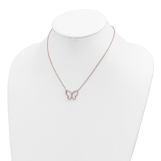 Sterling Silver Rose-tone Polished Open Butterfly CZ w/2 in ext. Necklace