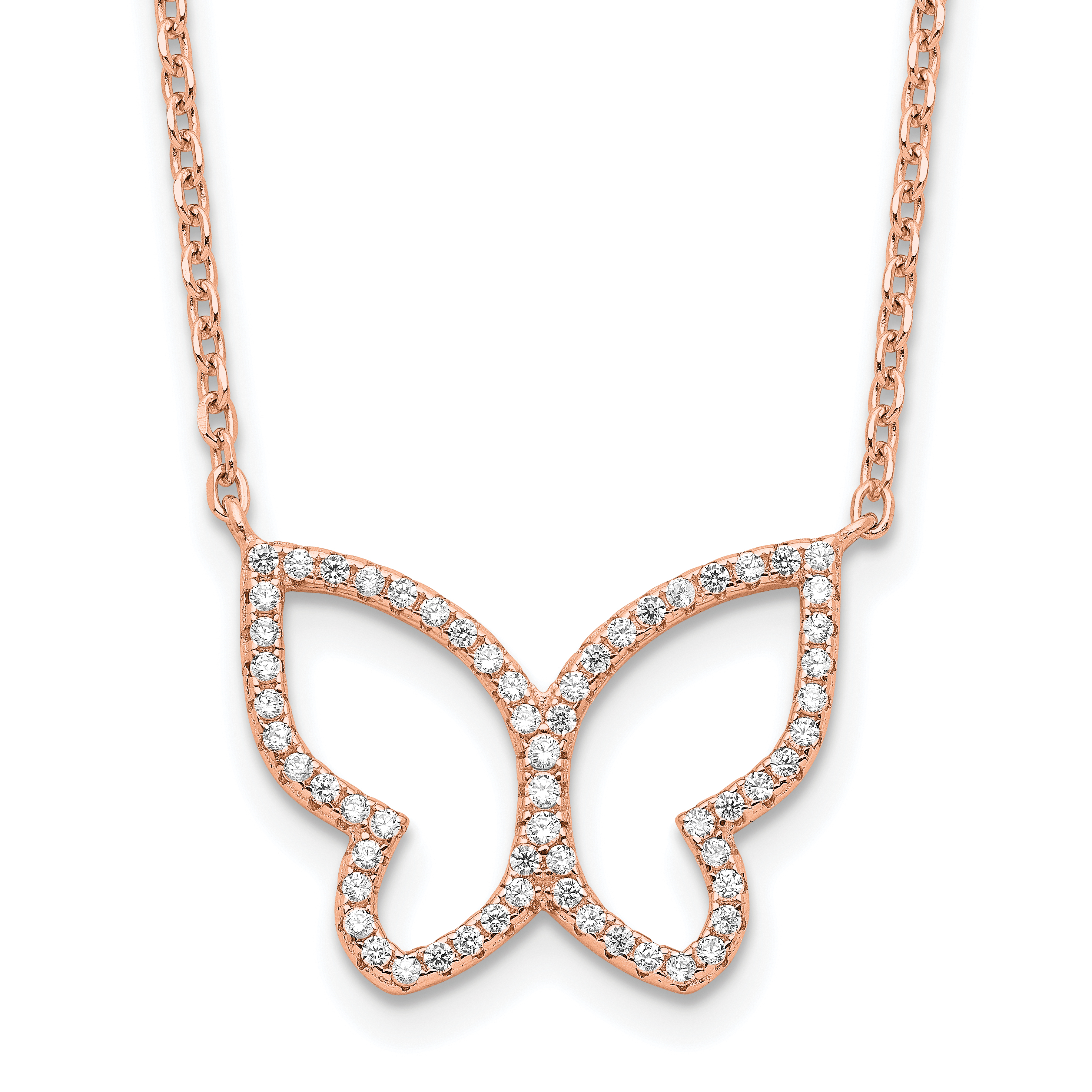 Sterling Silver Rose-tone Polished Open Butterfly CZ w/2 in ext. Necklace (QG6151-16)