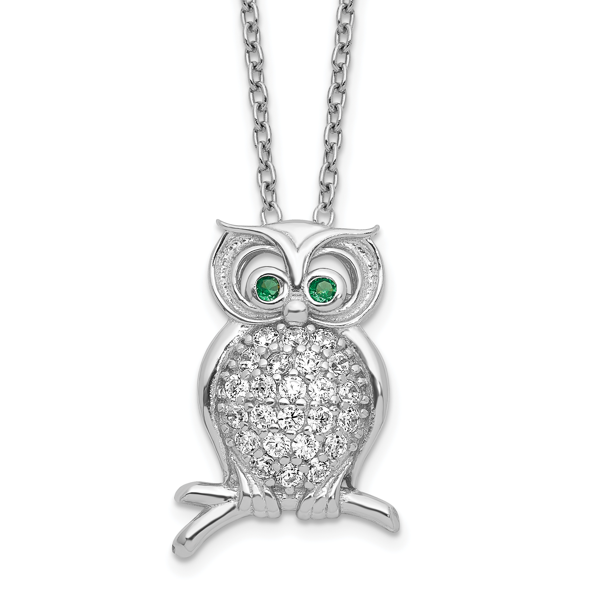 Sterling Silver Polished Rhodium-plated Green/Clear CZ Owl 18in Necklace (QG6165-18)