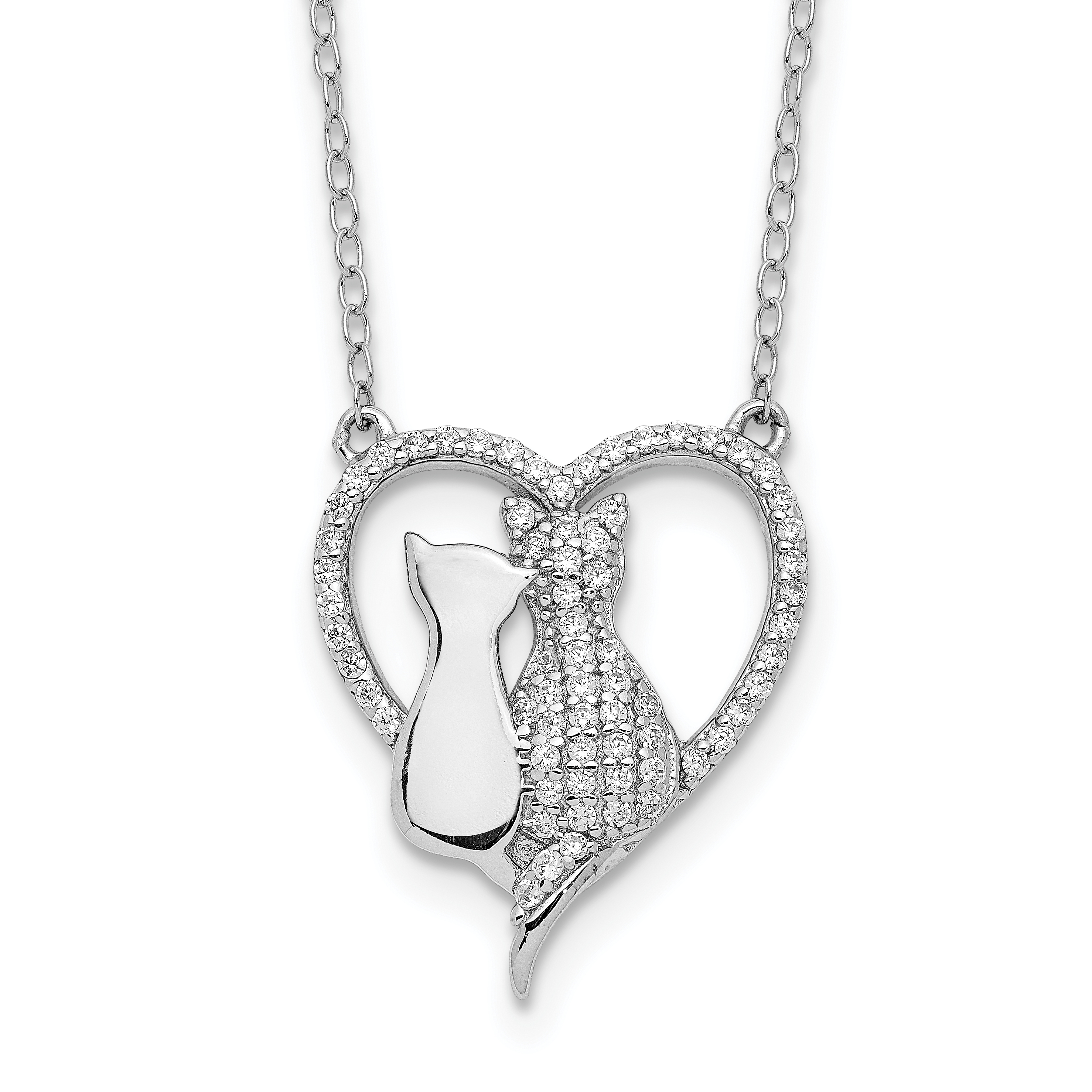 Sterling Silver Rhodium-plated Polished CZ Cats w/2 in ext. Necklace (QG6169-16)