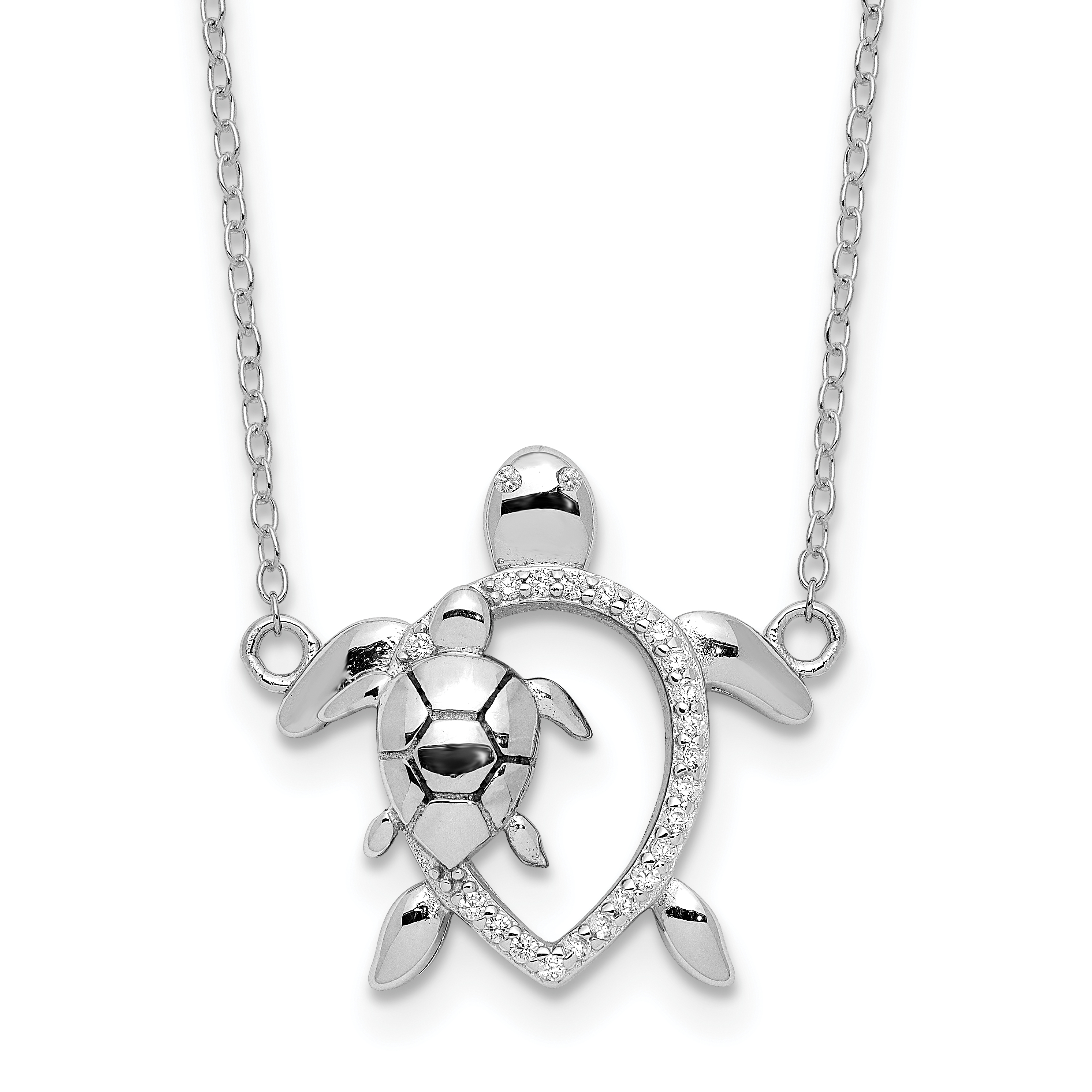 Sterling Silver Rhodium-plated Polished CZ Turtles 16 inch with a 2 inch extention Necklace (QG6174-16)