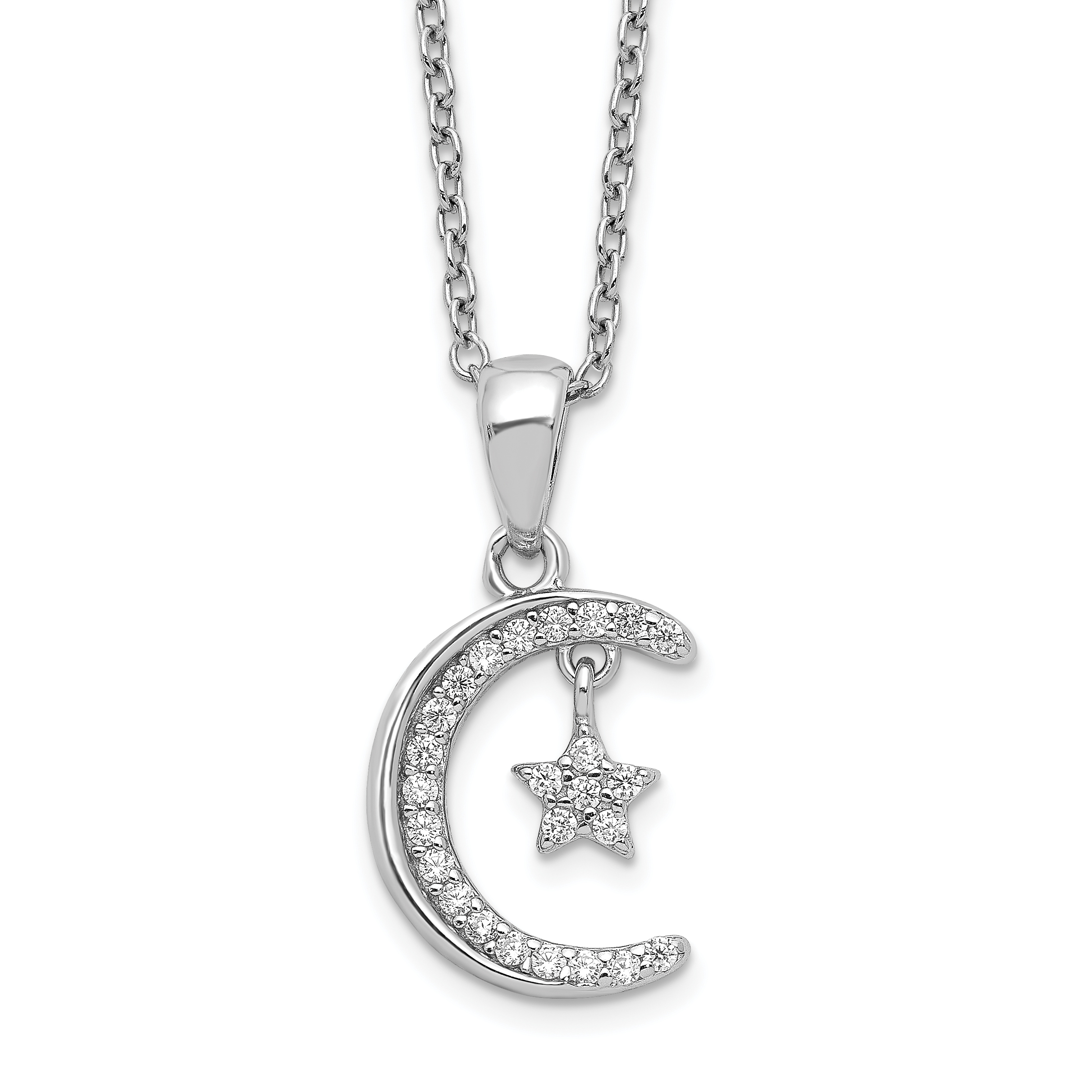 Sterling Silver Polished Rhodium-plated CZ Moon & Star 18in Necklace (QG6176-18)