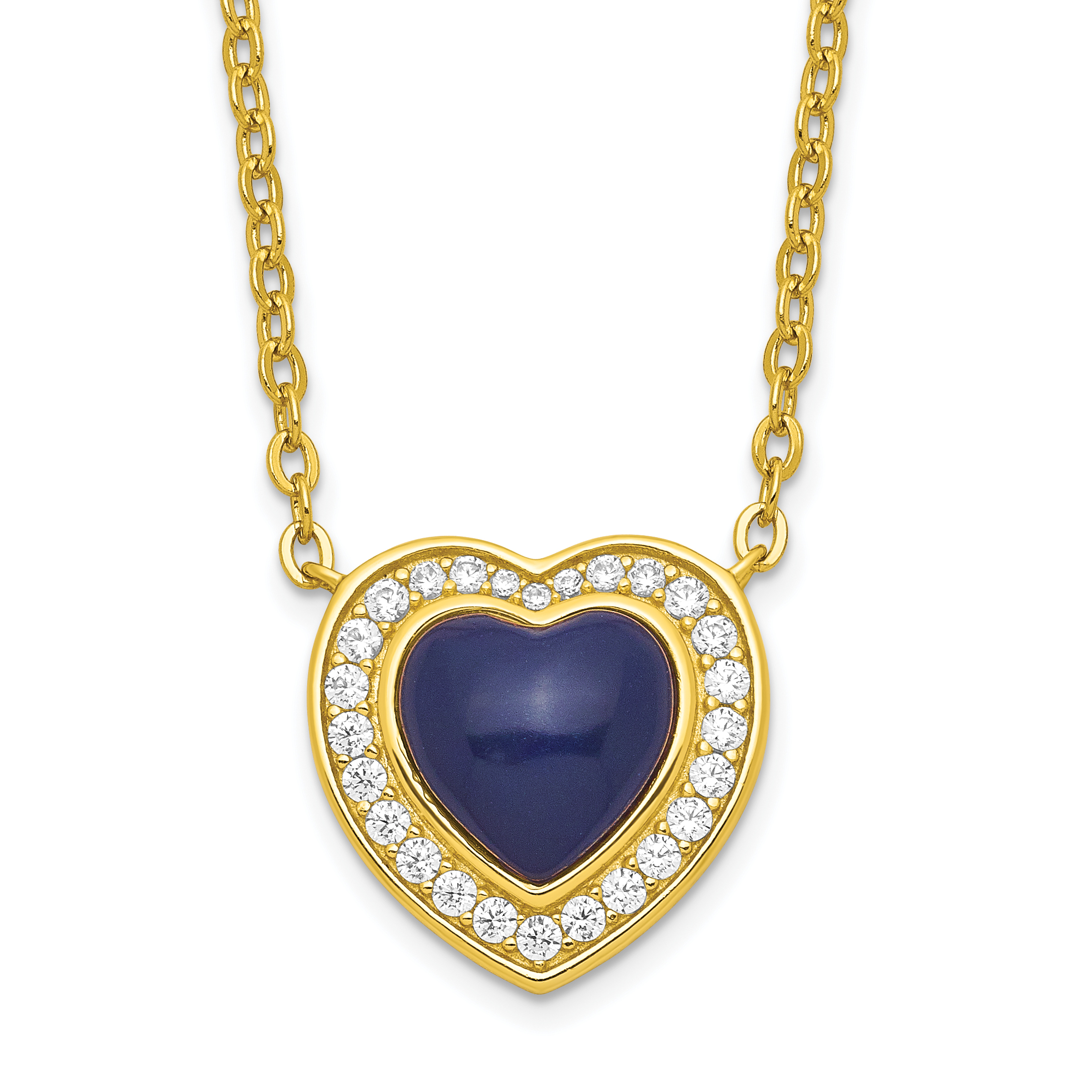 Sterling Silver Gold-tone CZ & Created Lapis Lazuli Heart w/2in ext Necklac (QG6183-15.5)