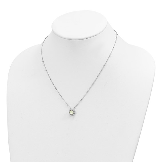 Sterling Silver RH-plated White Created Opal CZ Beaded w/2 in ext. Necklace