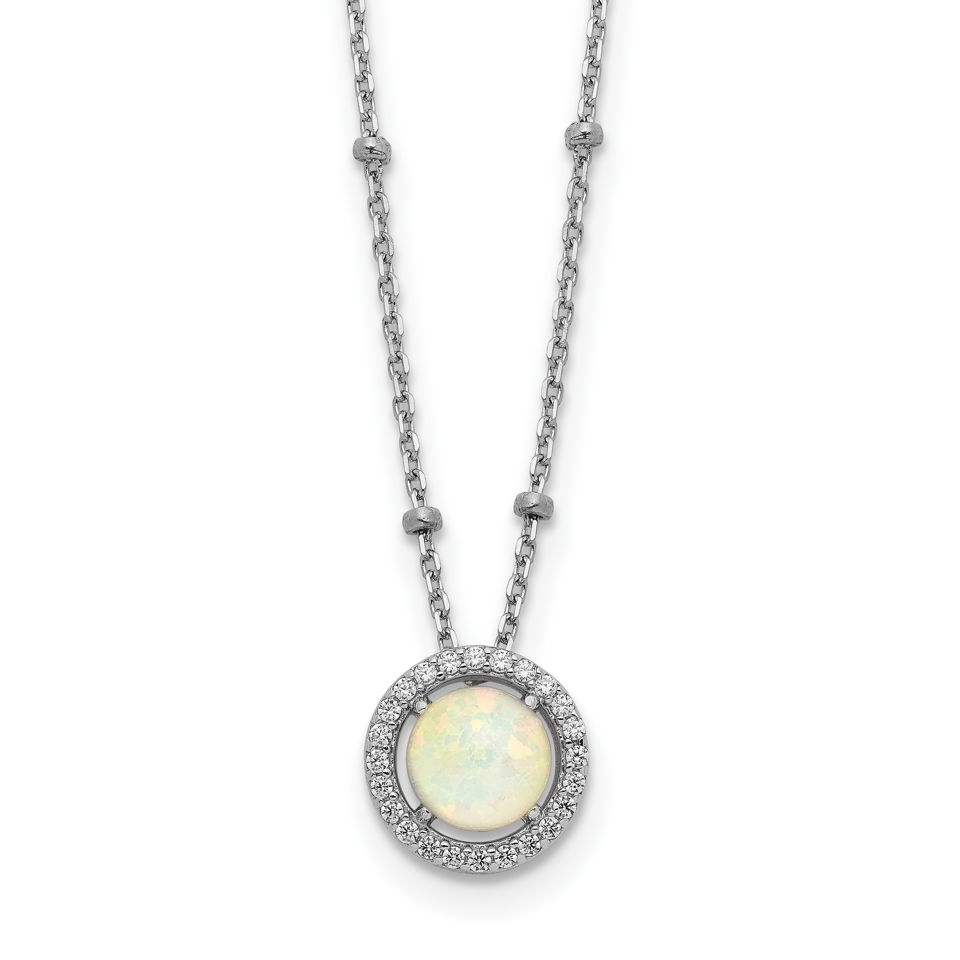 Sterling Silver RH-plated White Created Opal CZ Beaded w/2 in ext. Necklace (QG6186-16)