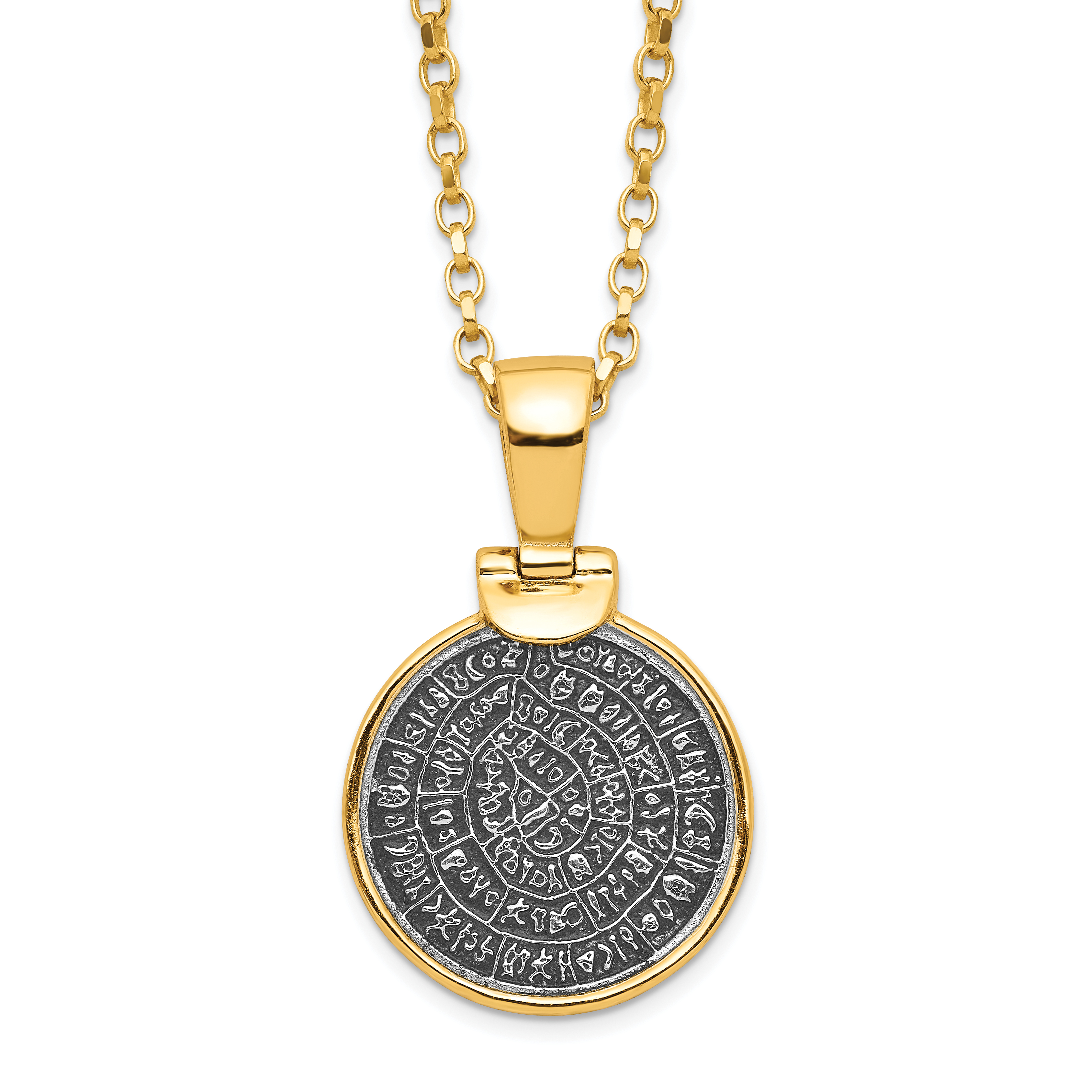 SS Gold-tone Polished Replica Phaistos Coin Pendant w/2 in ext. Necklace (QG6189-16)