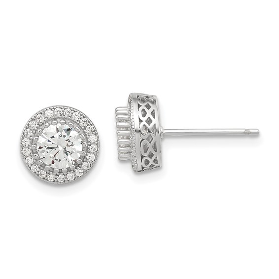 Sterling Silver Polished Rhodium-plated CZ 18in Necklace/Post Earrings Set