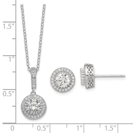 Sterling Silver Polished Rhodium-plated CZ 18in Necklace/Post Earrings Set