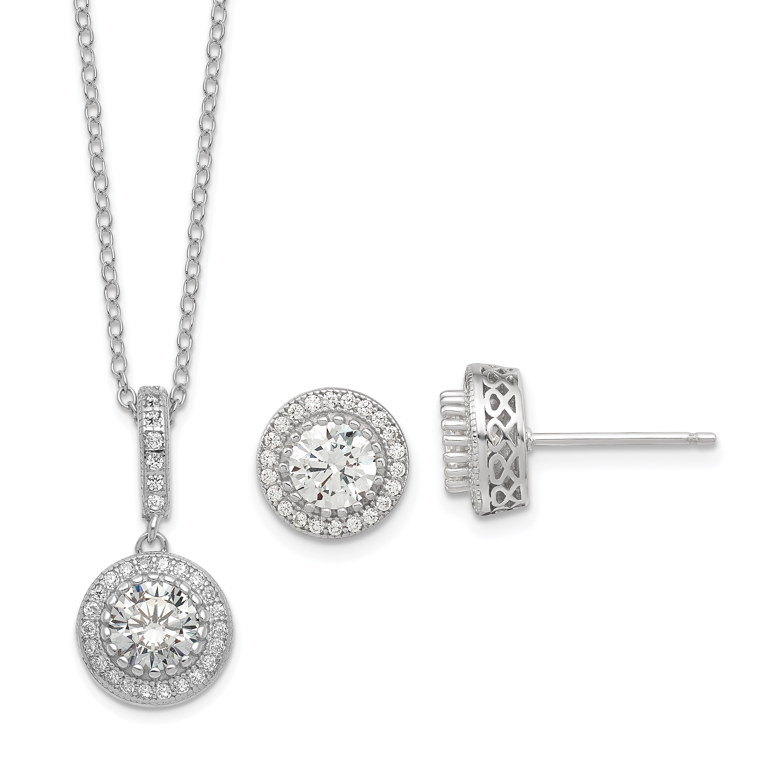Sterling Silver Polished Rhodium-plated CZ 18in Necklace/Post Earrings Set (QG6191SET)
