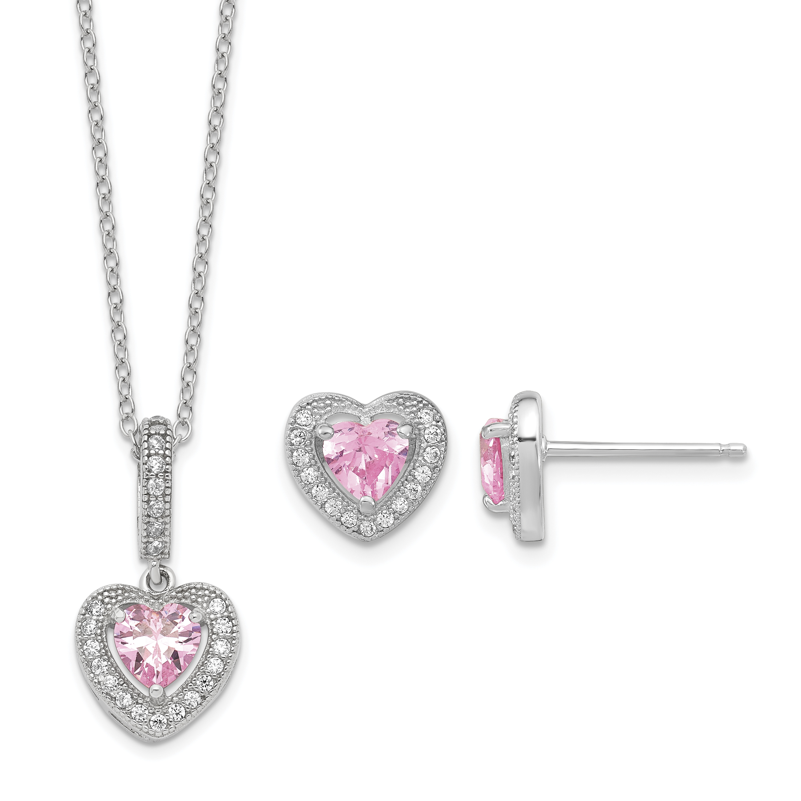 Sterling Silver Rhodium-plated Polished Clear and Pink CZ Heart 18 inch Necklace and Heart Post Earring Set (QG6193SET)