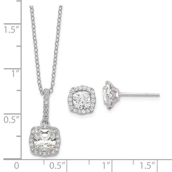 Sterling Silver Polished Rhodium-plated CZ 18in Necklace/Post Earrings Set