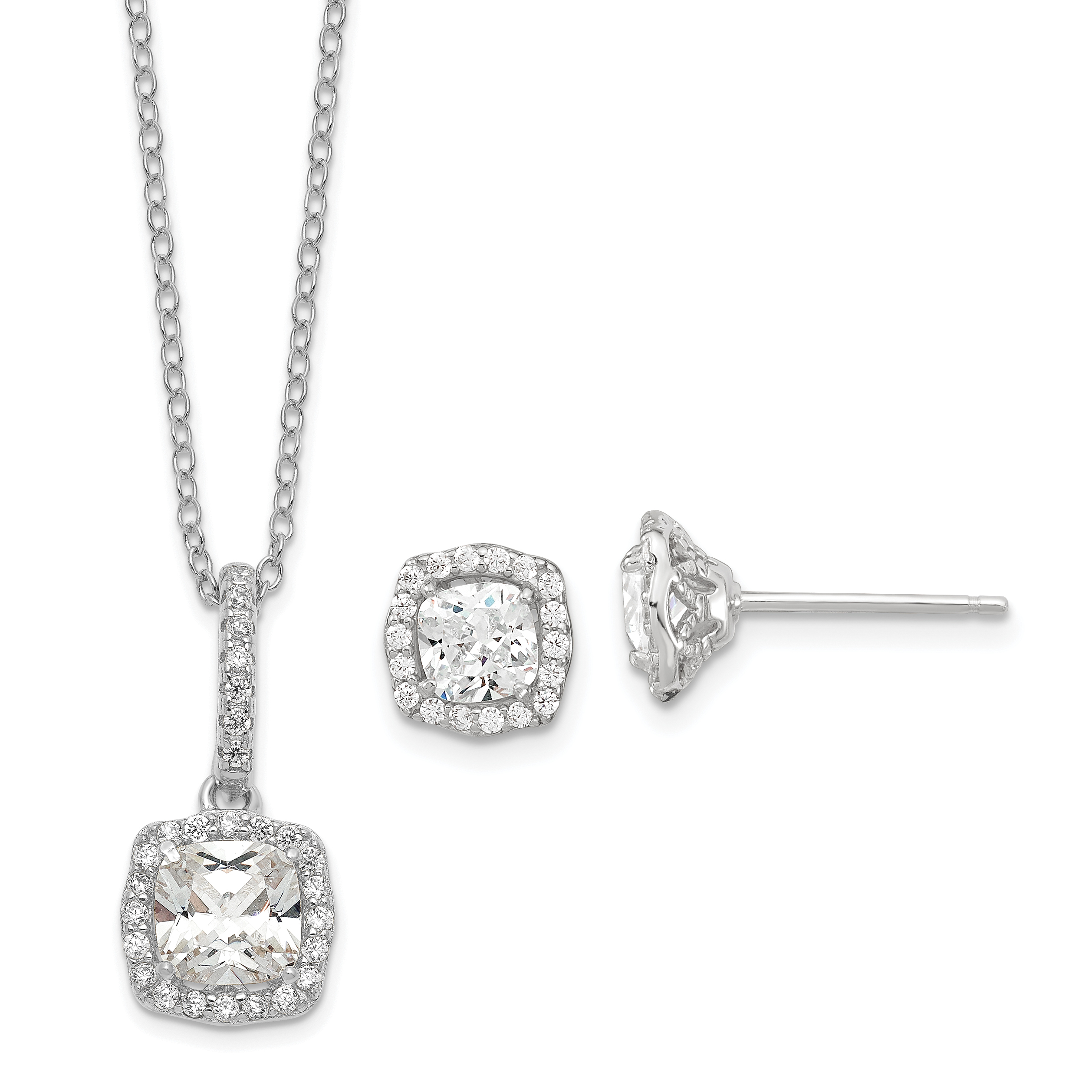 Sterling Silver Polished Rhodium-plated CZ 18in Necklace/Post Earrings Set (QG6195SET)