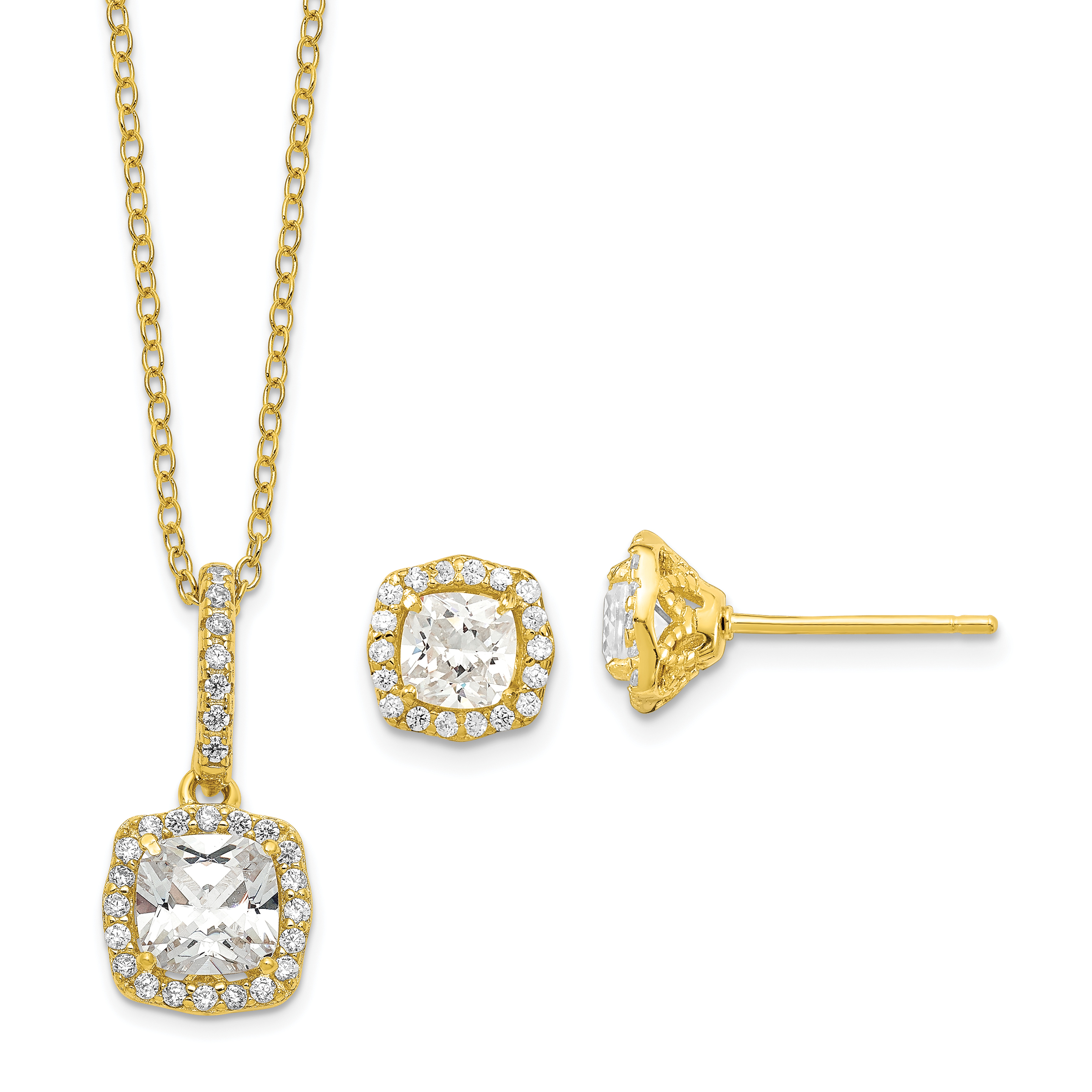 Sterling Silver Polished Gold-tone CZ 18in Necklace/Post Earrings Set (QG6196SET)
