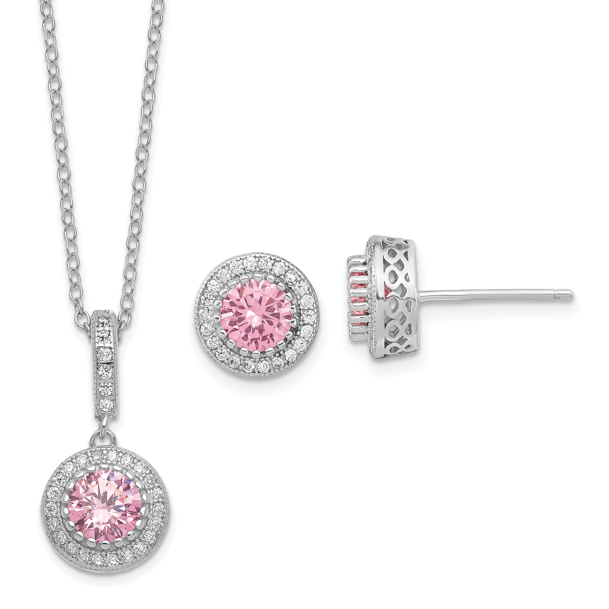 Sterling Silver Polished Rhodium-plated CZ 18in Necklace/Post Earrings Set (QG6197SET)