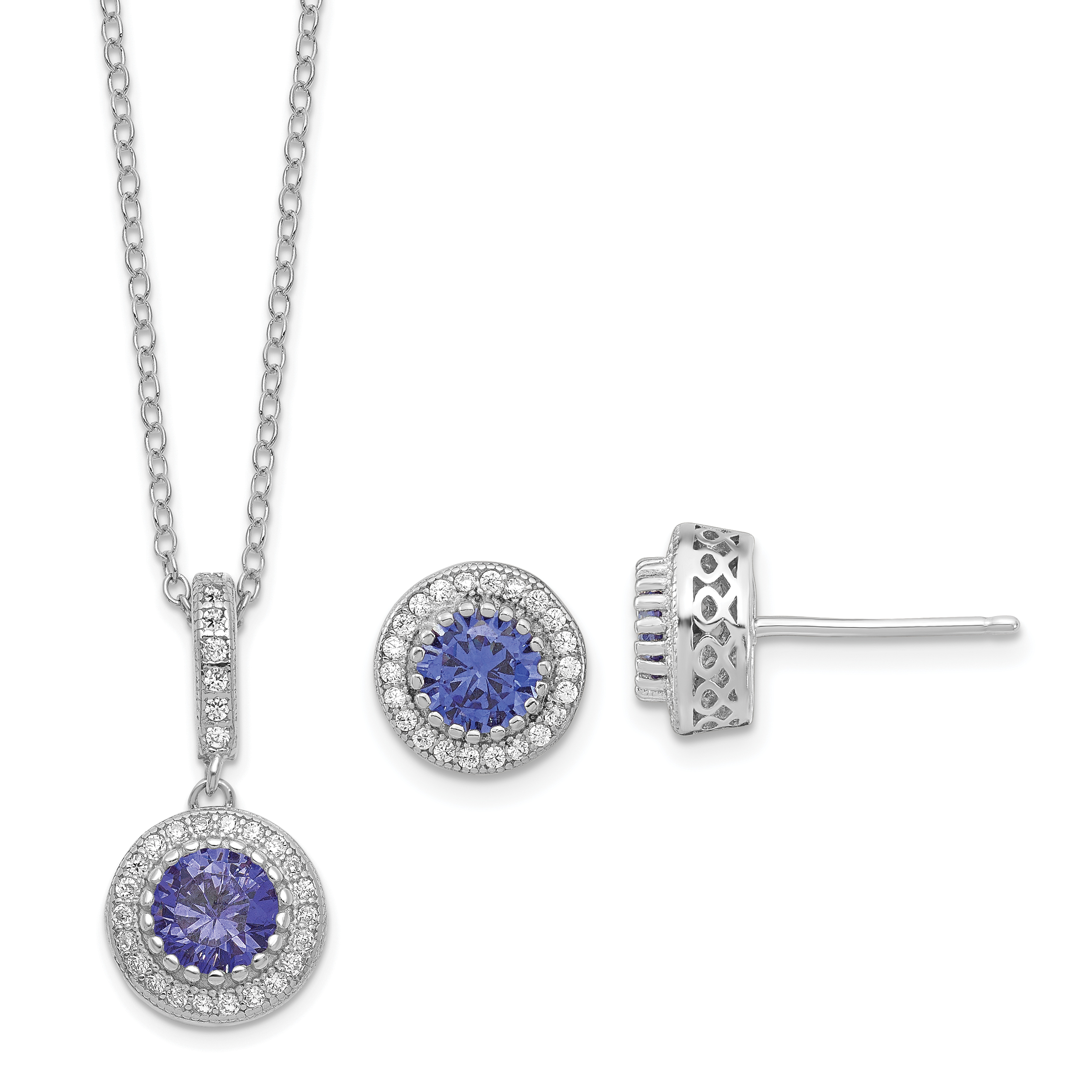 Sterling Silver Polished Rhodium-plated CZ 18in Necklace/Post Earrings Set (QG6198SET)