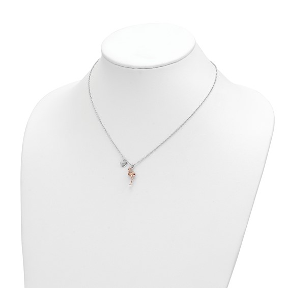 Sterling Silver Rhodium-plated Rose-plated Flamingo Heart 16.5 inch with a 1 inch extention Necklace