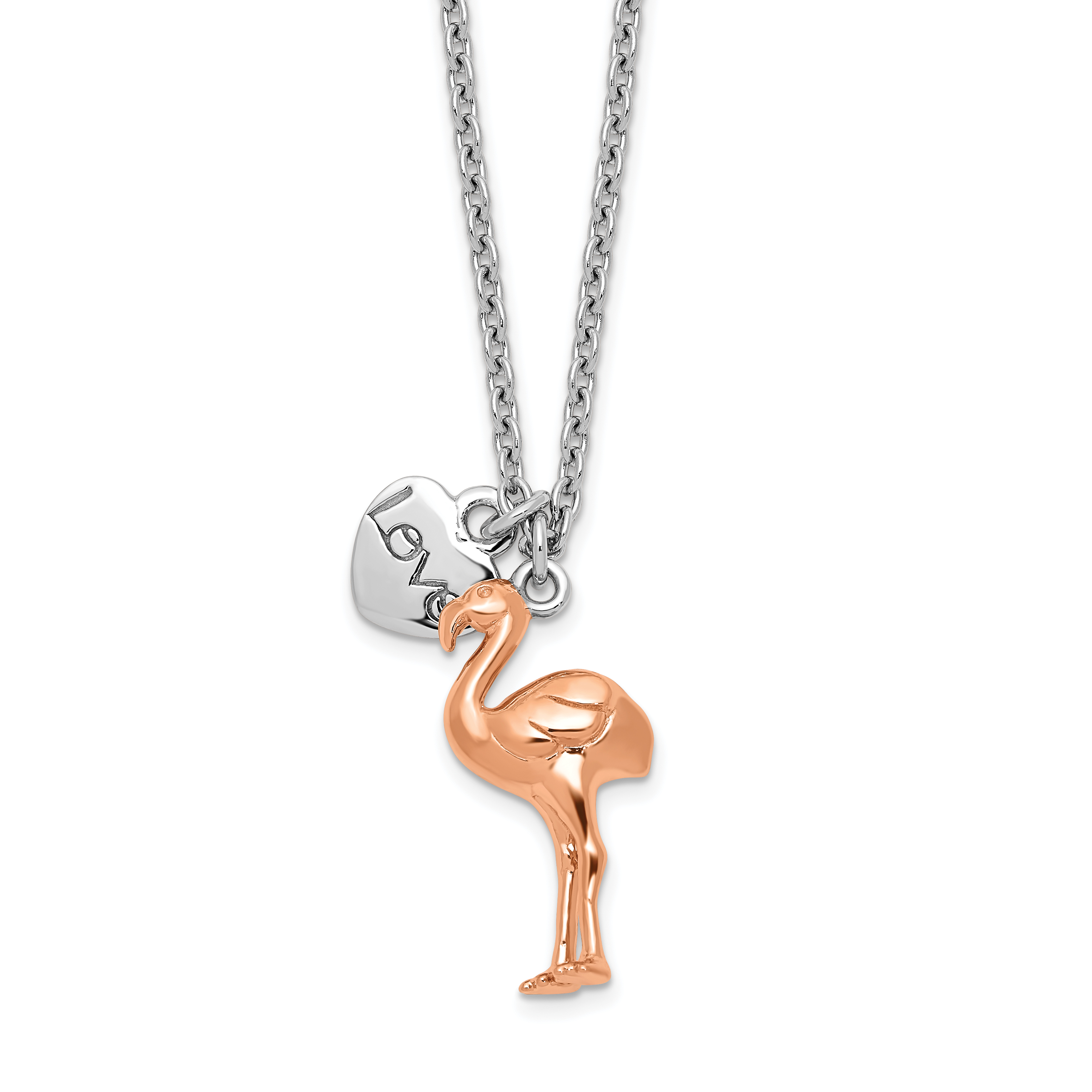 Sterling Silver Rhodium-plated Rose-plated Flamingo Heart 16.5 inch with a 1 inch extention Necklace (QG6204-16.5)