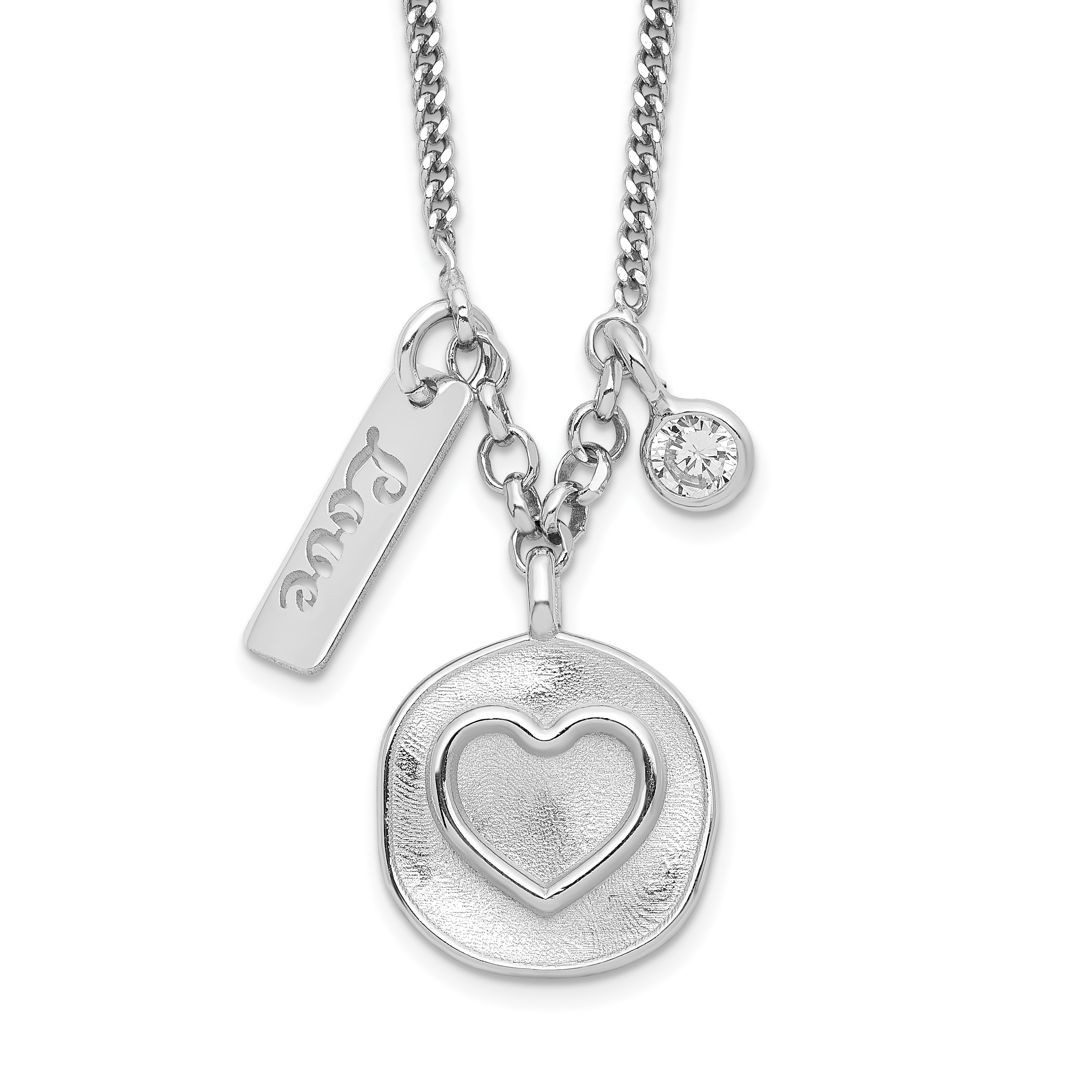 Sterling Silver Rhodium-plated Satin Heart/Love/CZ w/1.5in Ext Necklace (QG6205-16)