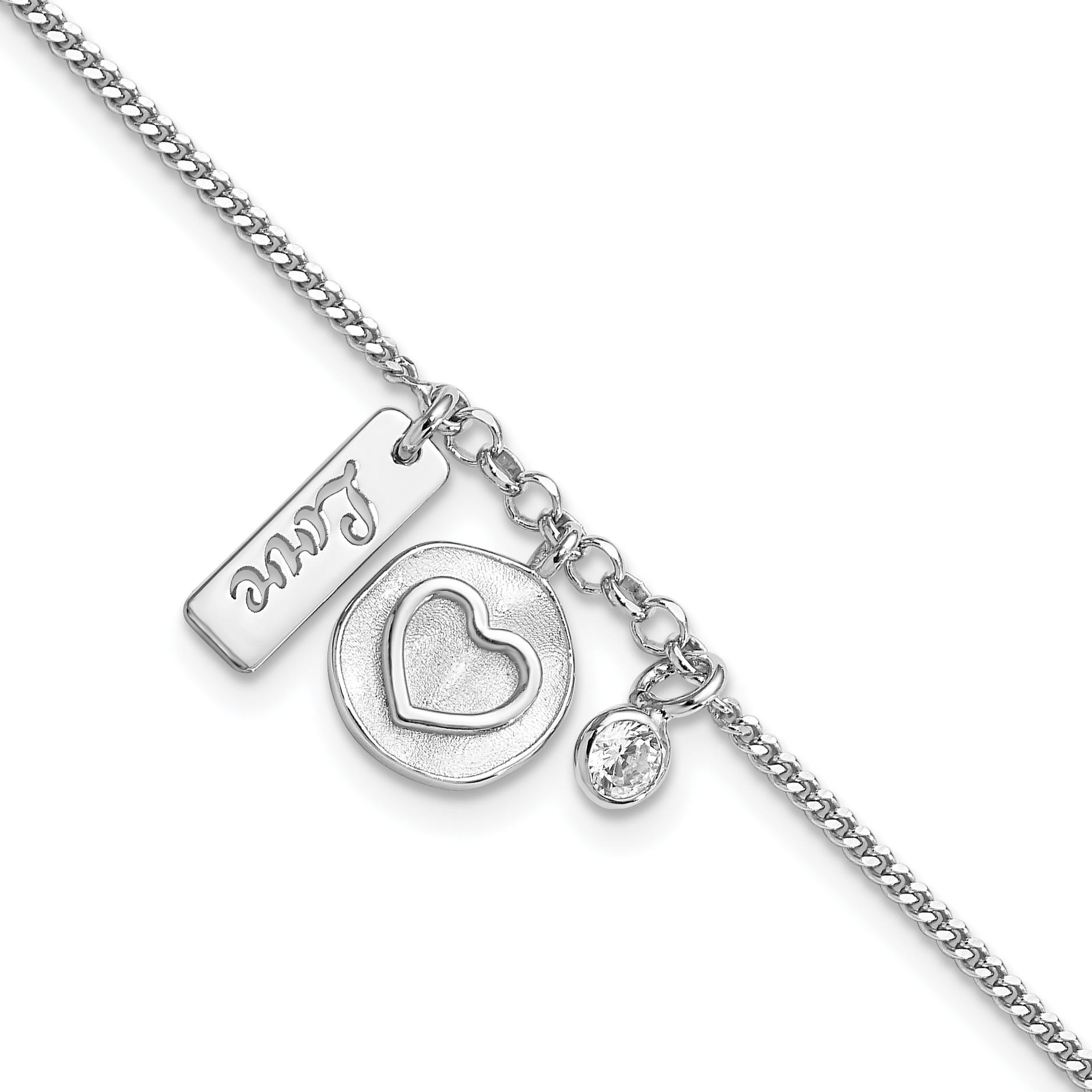 Sterling Silver Rhodium-plated Satin Heart Love CZ with .5in Ext Bracelet (QG6205-7)