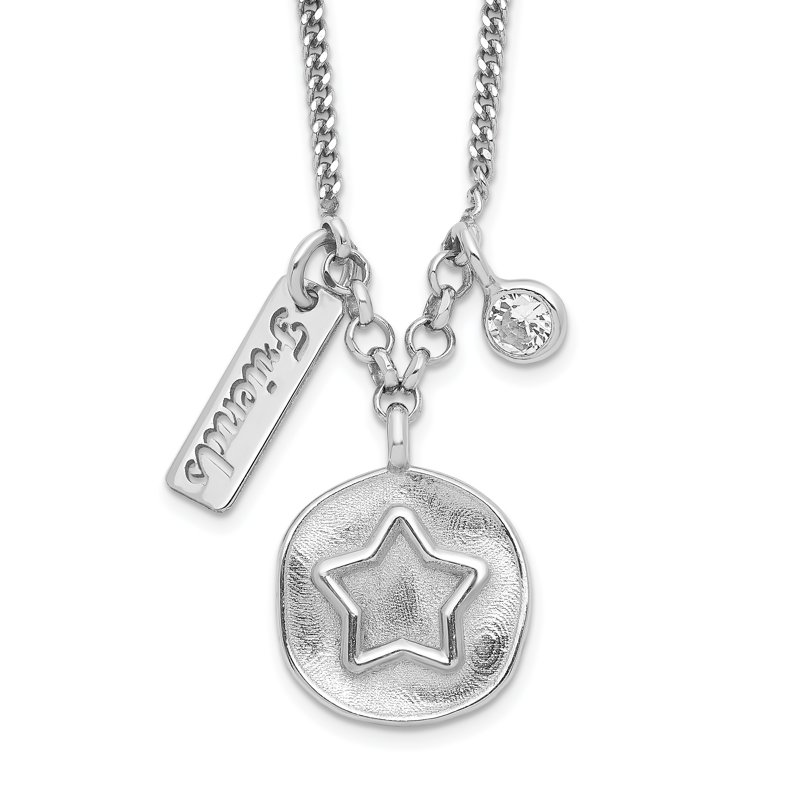 Sterling Silver Rhodium-plated Satin Star/Friends/CZ w/1.5in Ext Necklace (QG6206-16)