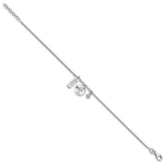 Sterling Silver Rhodium-plated Satin Cross Hope CZ with .5in Ext Bracelet
