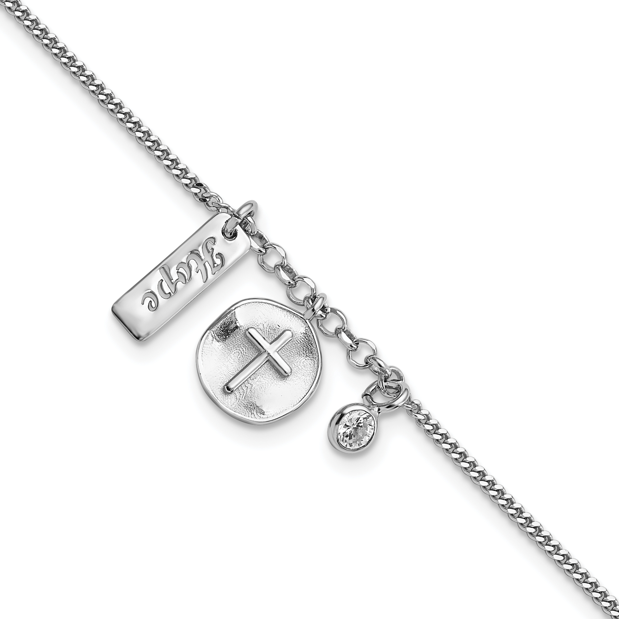 Sterling Silver Rhodium-plated Satin Cross Hope CZ with .5in Ext Bracelet (QG6207-7)