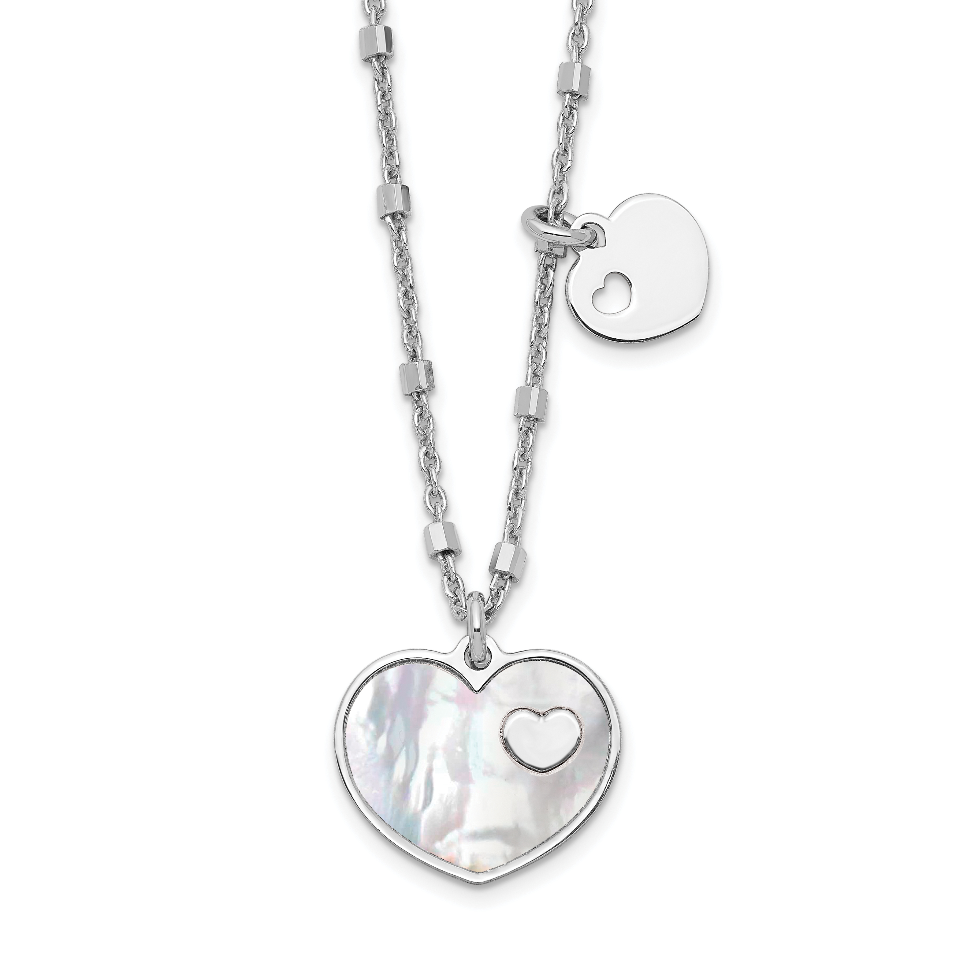 Sterling Silver Rhodium-plated Mother of Pearl Heart w/1 in Ext Necklace (QG6208-15.5)