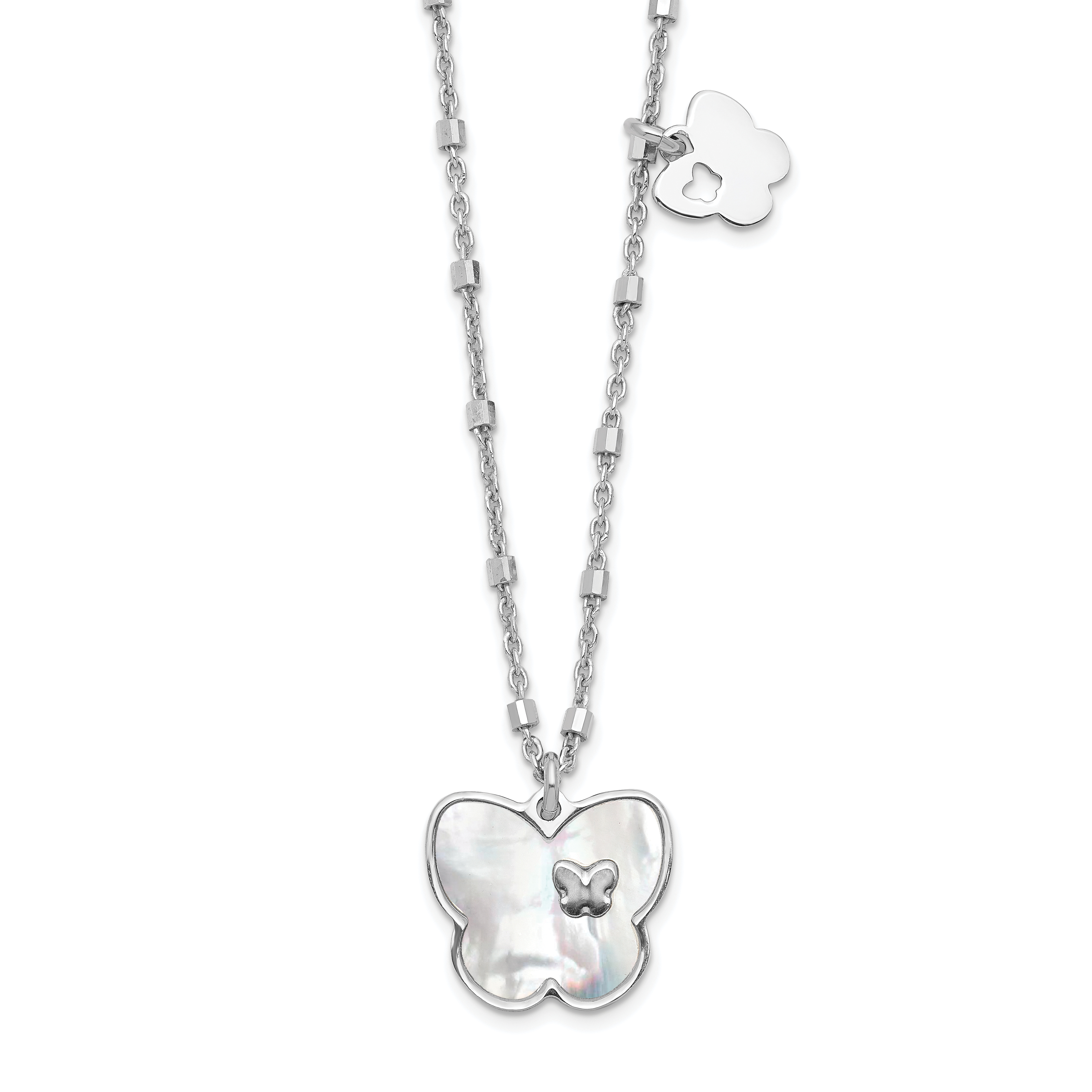 Sterling Silver Rhodium-plate Mother of Pearl Butterfly w/1in Ext Necklace (QG6209-15.5)