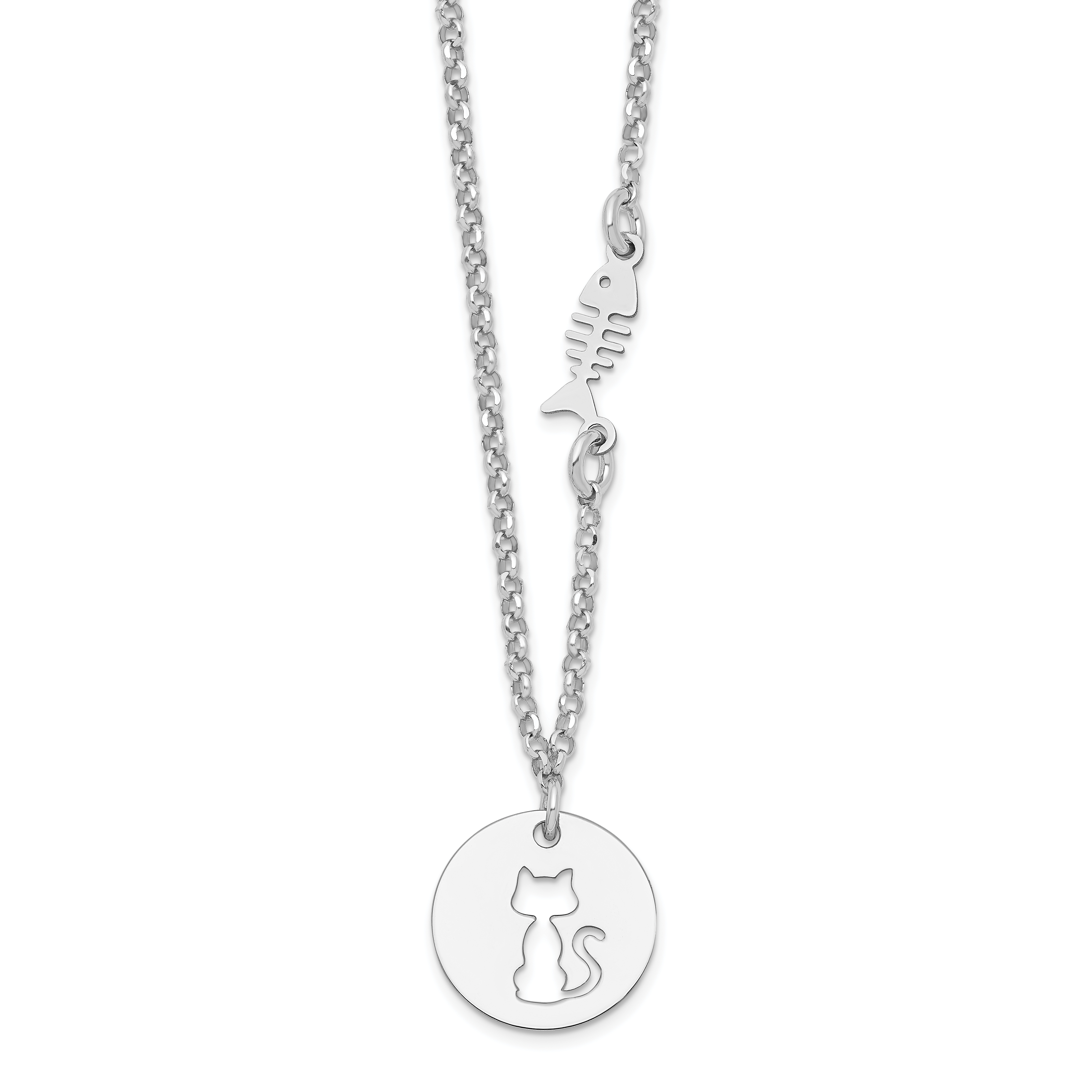 Sterling Silver Rhodium-plated Kitty and Fish w/1 in Ext Necklace (QG6211-16)