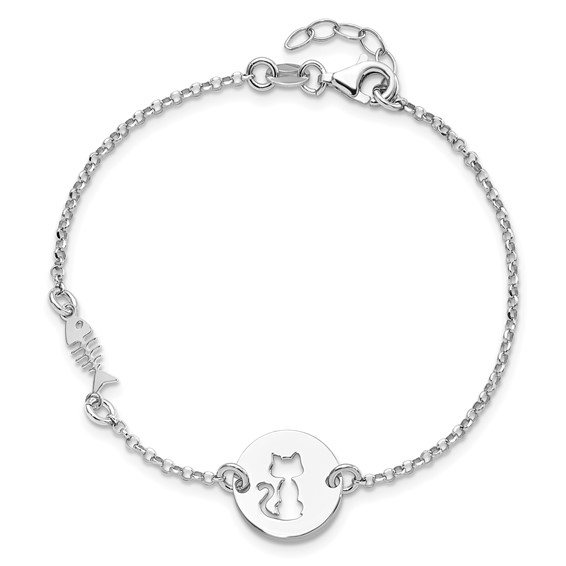 Sterling Silver Rhodium-plated Kitty and Fish w/.5 in Ext Bracelet