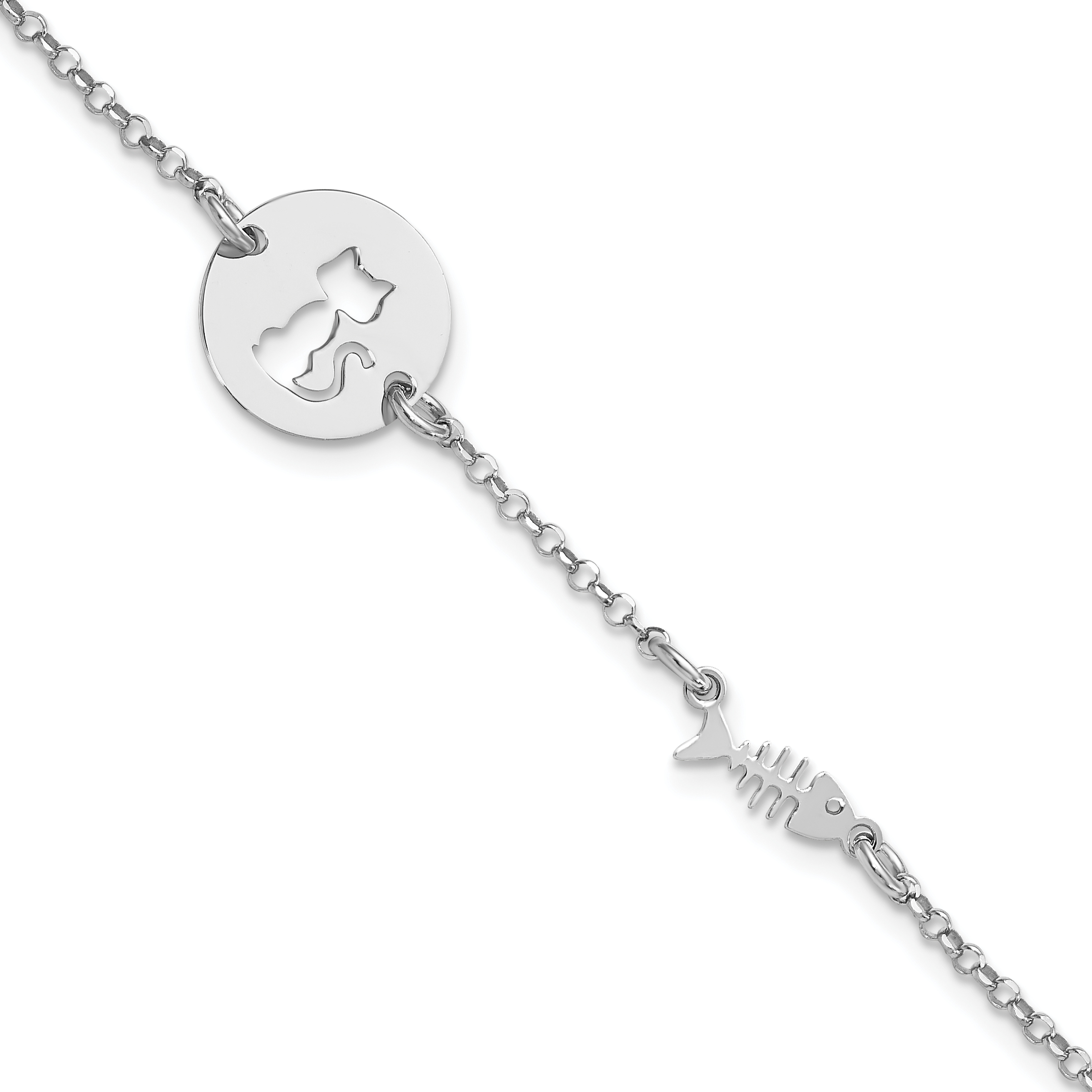 Sterling Silver Rhodium-plated Kitty and Fish w/.5 in Ext Bracelet (QG6211-6.5)