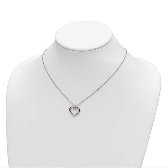 Sterling Silver Rhodium Plated Red Enamel Heart Adjustable 16 inch Necklace with1 inch extension