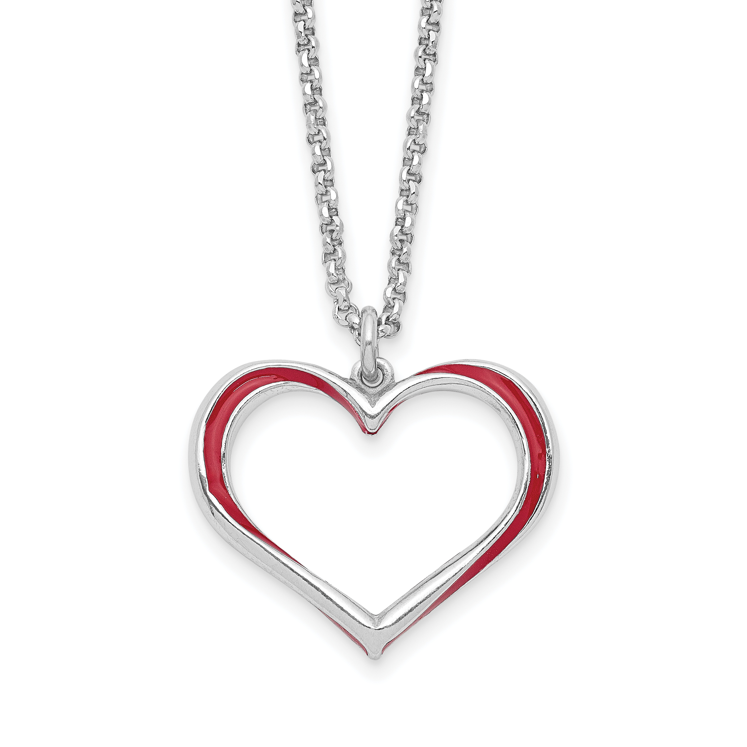 Sterling Silver Rhodium Plated Red Enamel Heart Adjustable 16 inch Necklace with1 inch extension (QG6213-16)