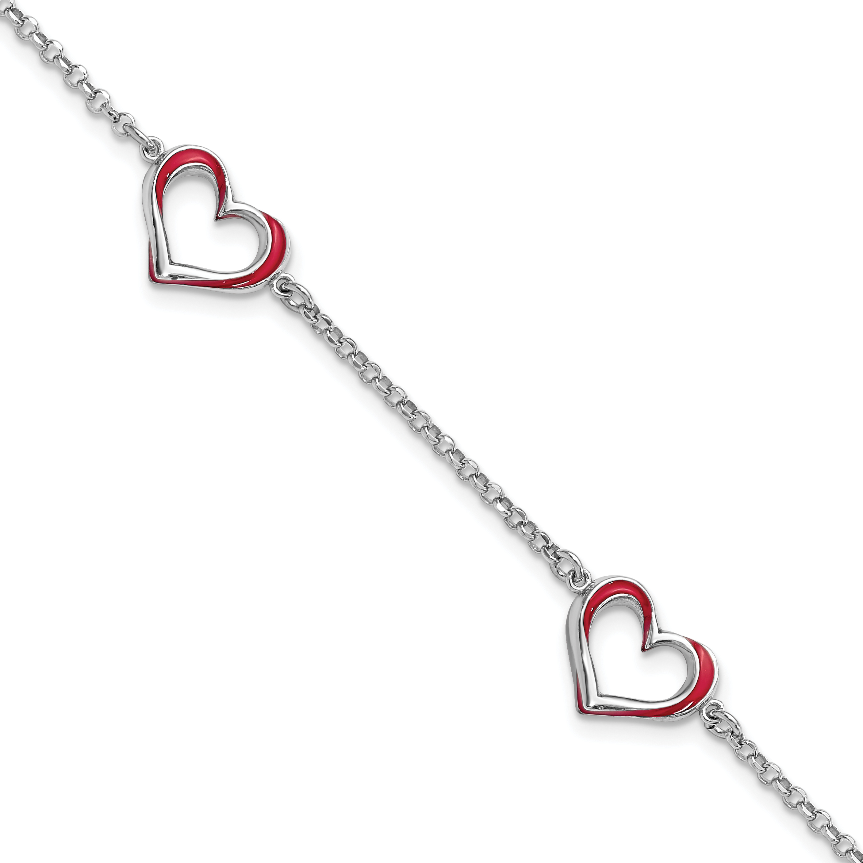 Sterling Silver Rhodium-plated Red Enamel 3-Heart w/.5 in Ext Bracelet (QG6213-6.5)