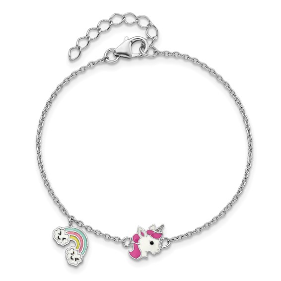 Sterling Silver Rhodium-plated Polished & Multi-color Enameled  Unicorn & Rainbow with 1 Inch Extension Children's Bracelet