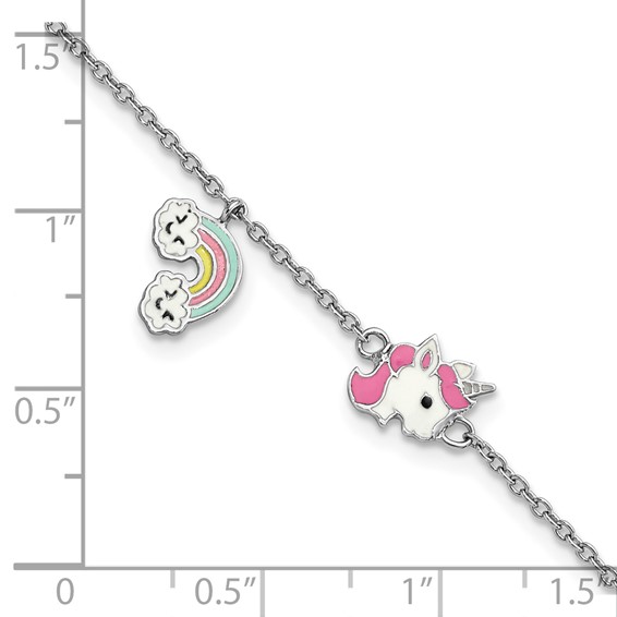 Sterling Silver Rhodium-plated Polished & Multi-color Enameled  Unicorn & Rainbow with 1 Inch Extension Children's Bracelet