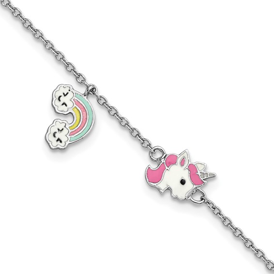 Sterling Silver Rhodium-plated Polished & Multi-color Enameled  Unicorn & Rainbow with 1 Inch Extension Children's Bracelet