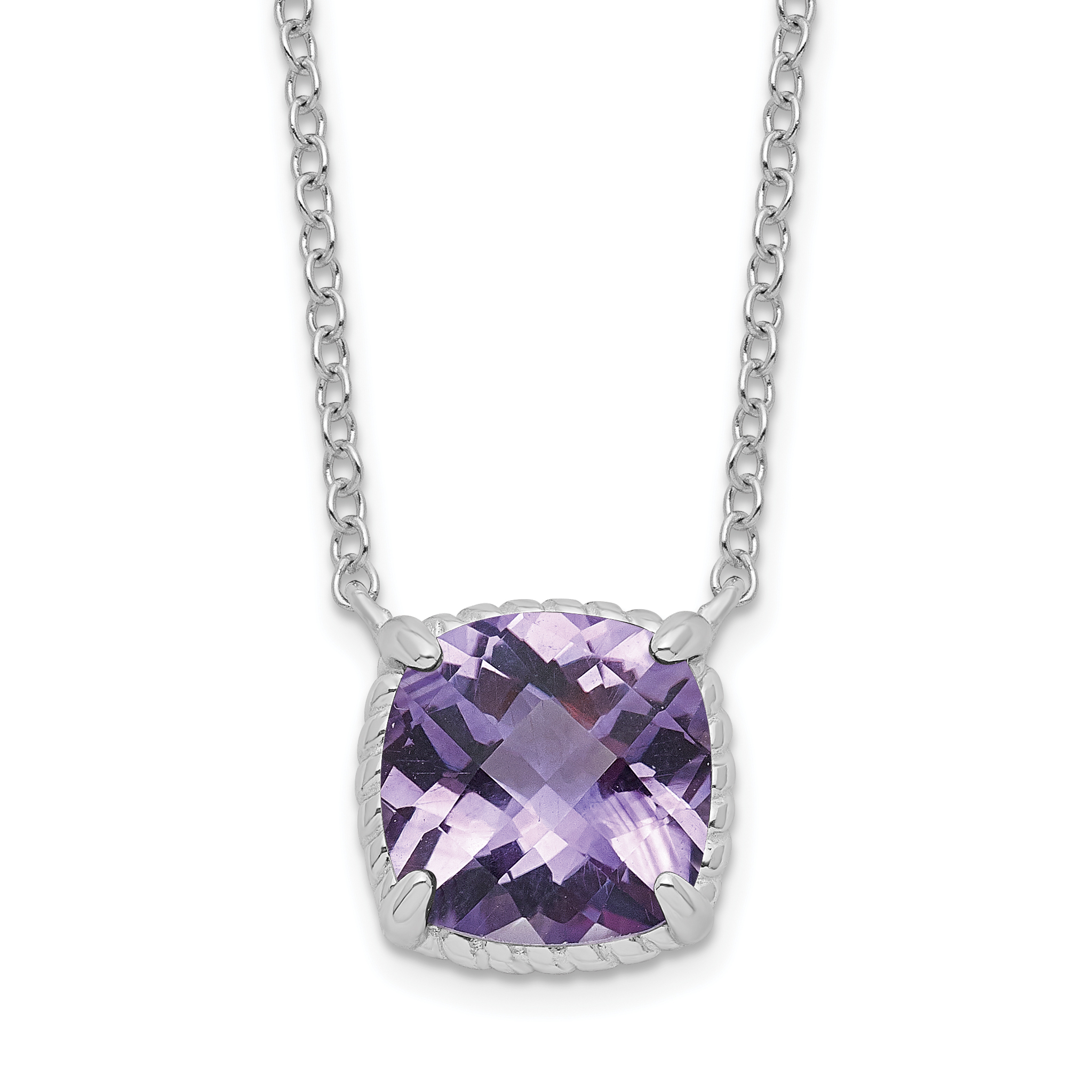 Sterling Silver Rhodium-plated Square Amethyst w/2 in ext. Necklace (QG6221AM-16)