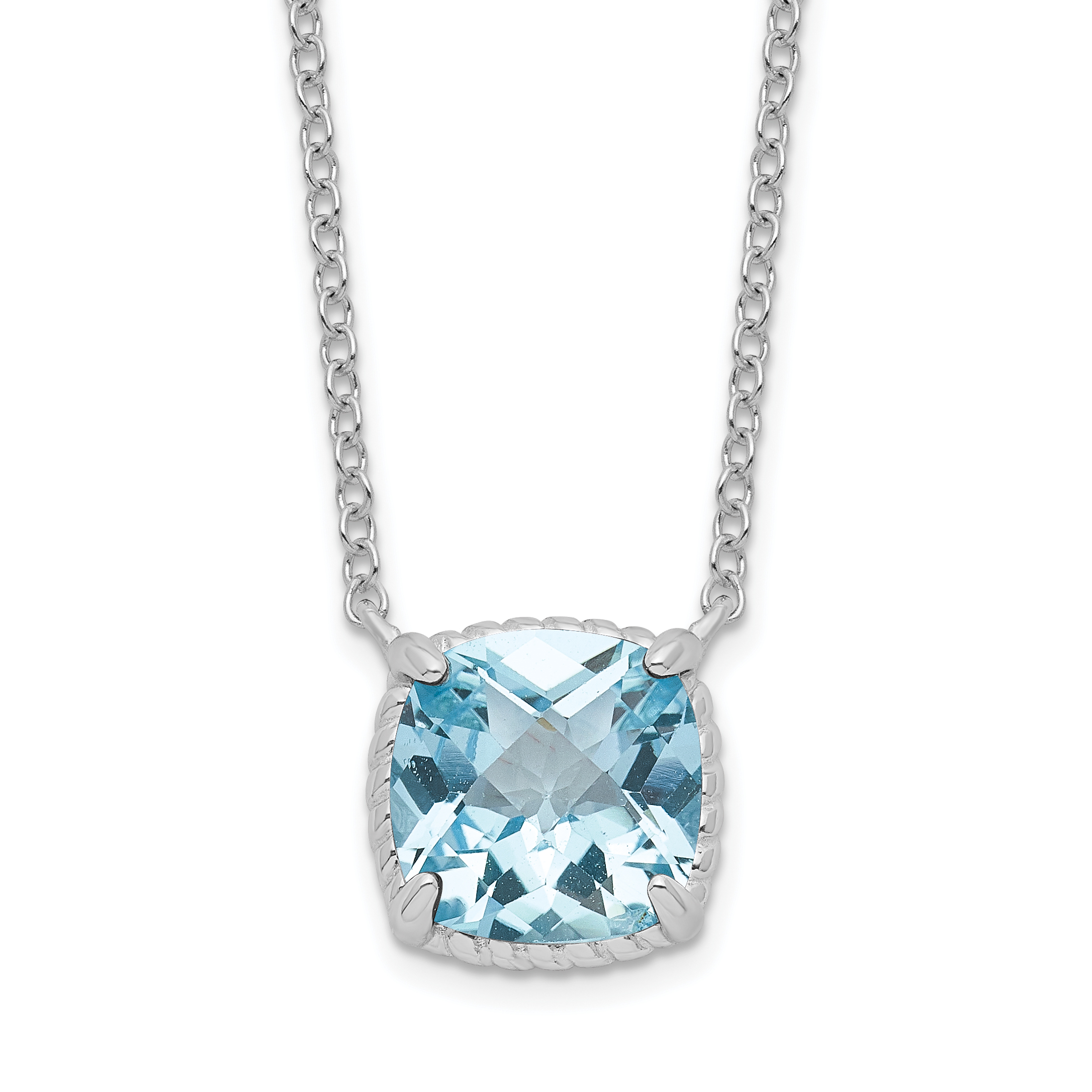 Sterling Silver Rhodium-plated Square Blue Topaz w/2 in ext. Necklace (QG6221BT-16)