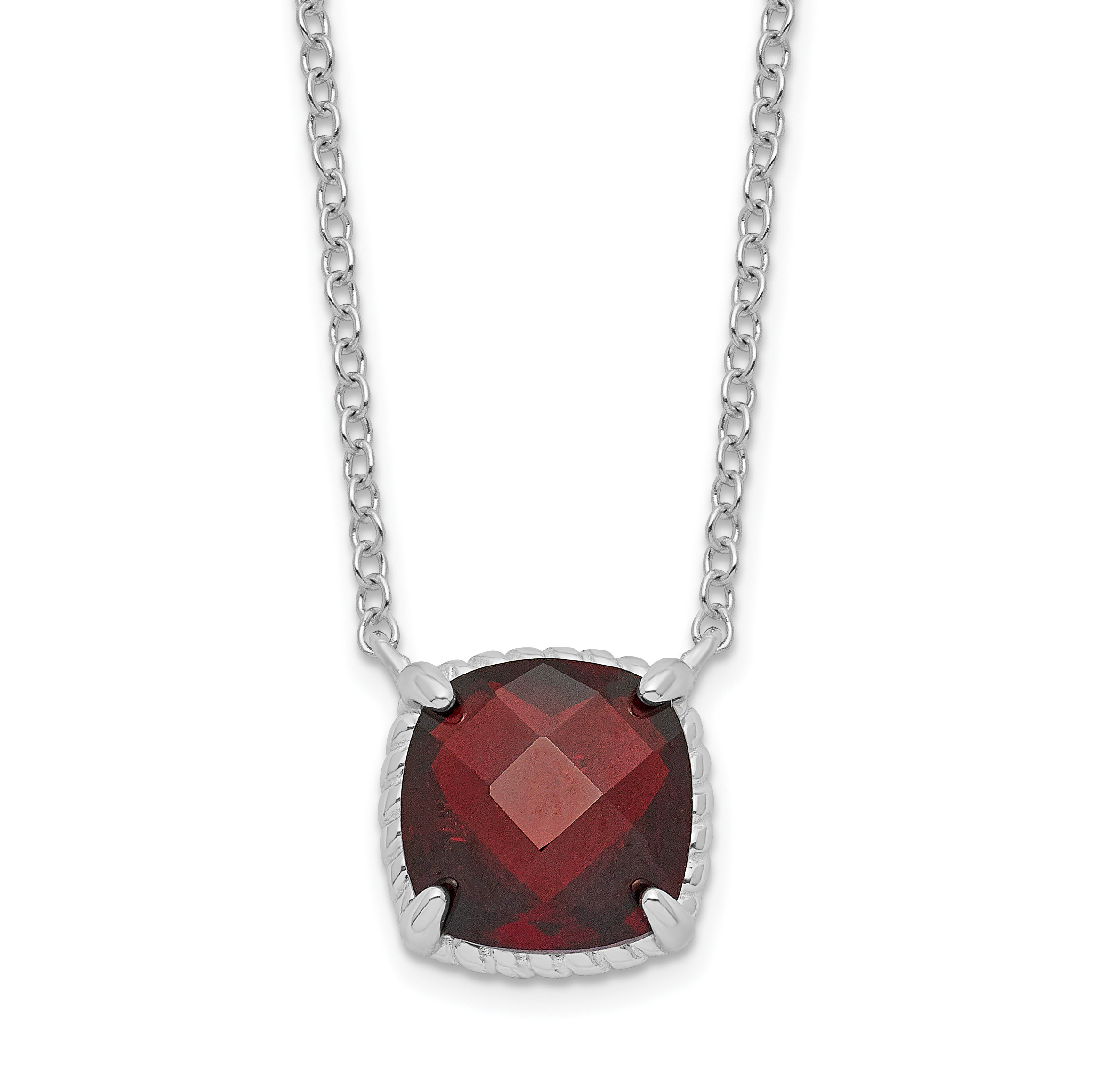 Sterling Silver Rhodium-plated Square Garnet w/2 in ext. Necklace (QG6221GA-16)
