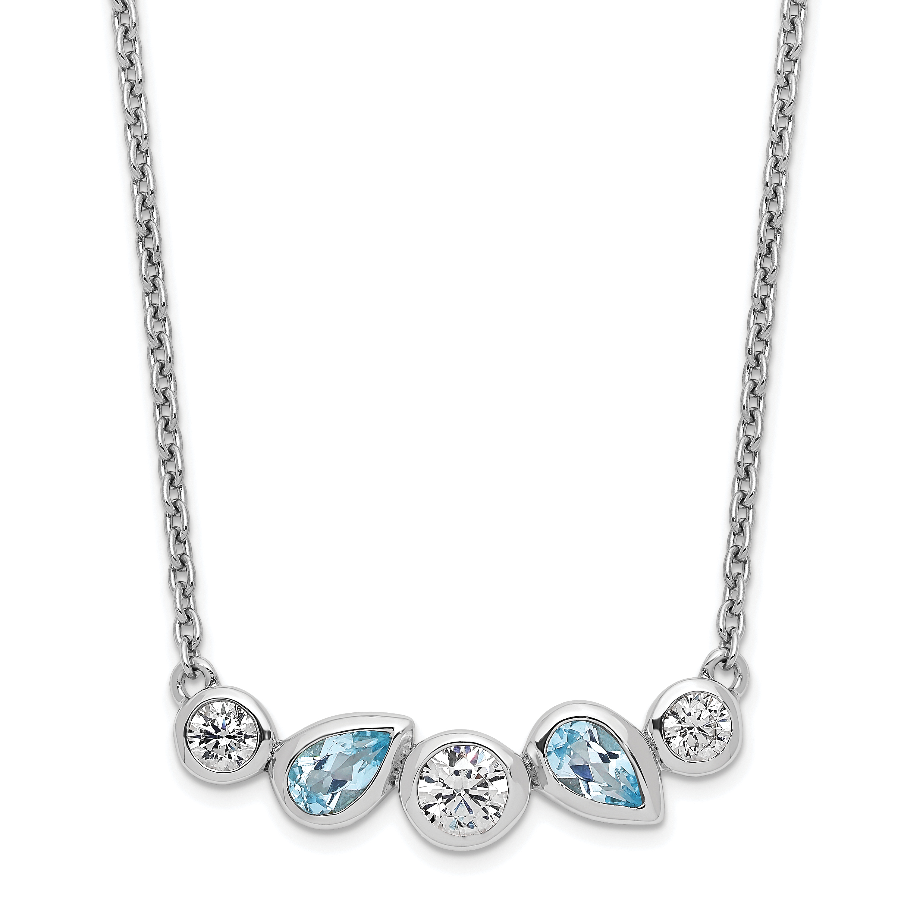 Sterling Silver RH-plate Sky Blue Topaz White CZ 16.5in w/1in ext Necklace (QG6228-16.5)