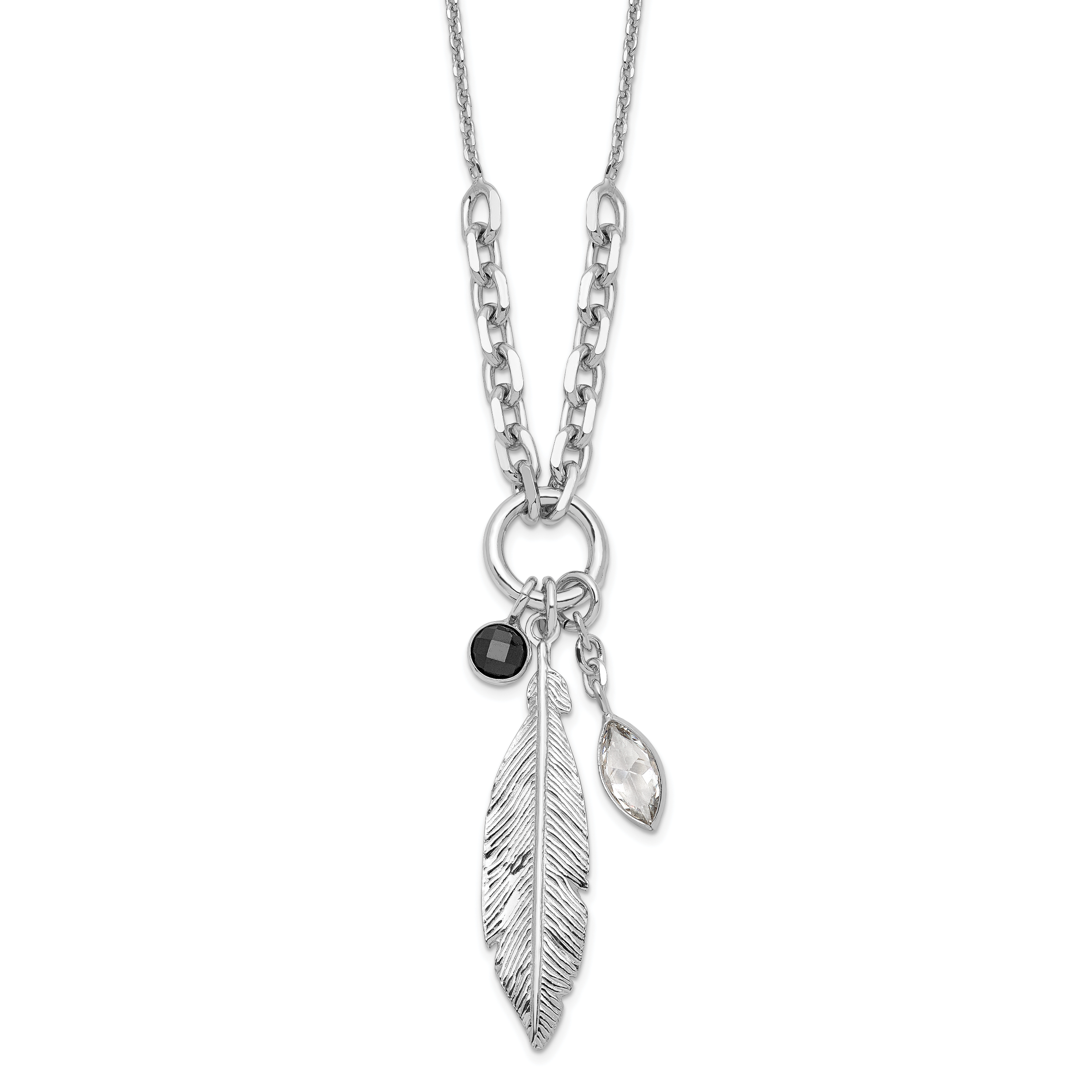 Sterling Silver Rhodium-plated Feather and CZ w/1 in Ext Necklace (QG6229-16)